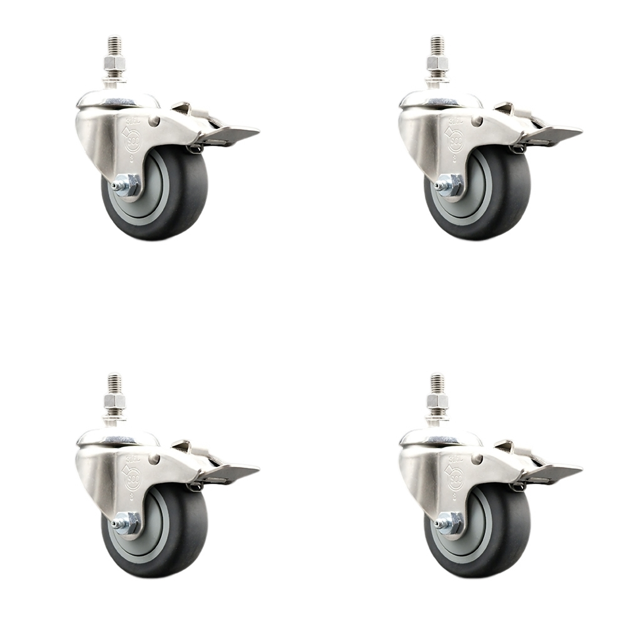 Service Caster, 3Inch x 1 1/4Inch Stem Casters, Wheel Diameter 3 in, Caster Type Swivel, Package (qty.) 4, Model SCC-SS316TSTTL20S314-TPRB-381615-4