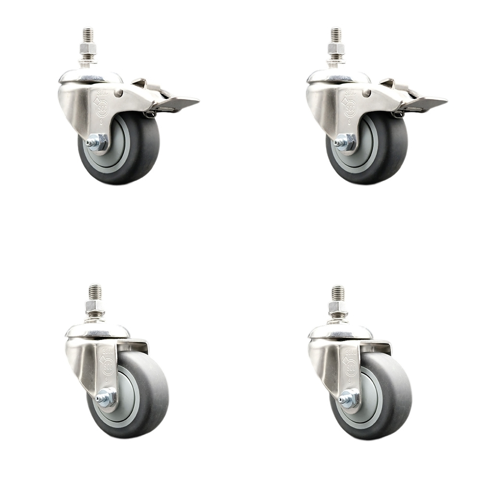 Service Caster, 3Inch x 1 1/4Inch Stem Casters, Wheel Diameter 3 in, Caster Type Swivel, Package (qty.) 4, Model SS316TSTTL20S314-TPRB-381615-2-S2