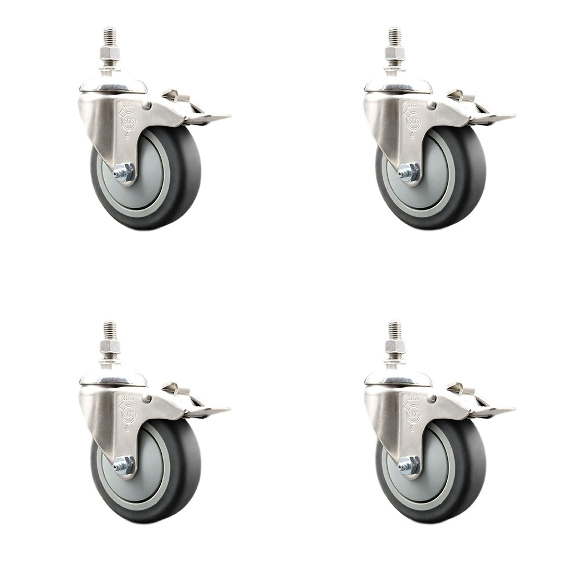 Service Caster, 4Inch x 1 1/4Inch Stem Casters, Wheel Diameter 4 in, Caster Type Swivel, Package (qty.) 4, Model SCC-SS316TSTTL20S414-TPRB-381615-4