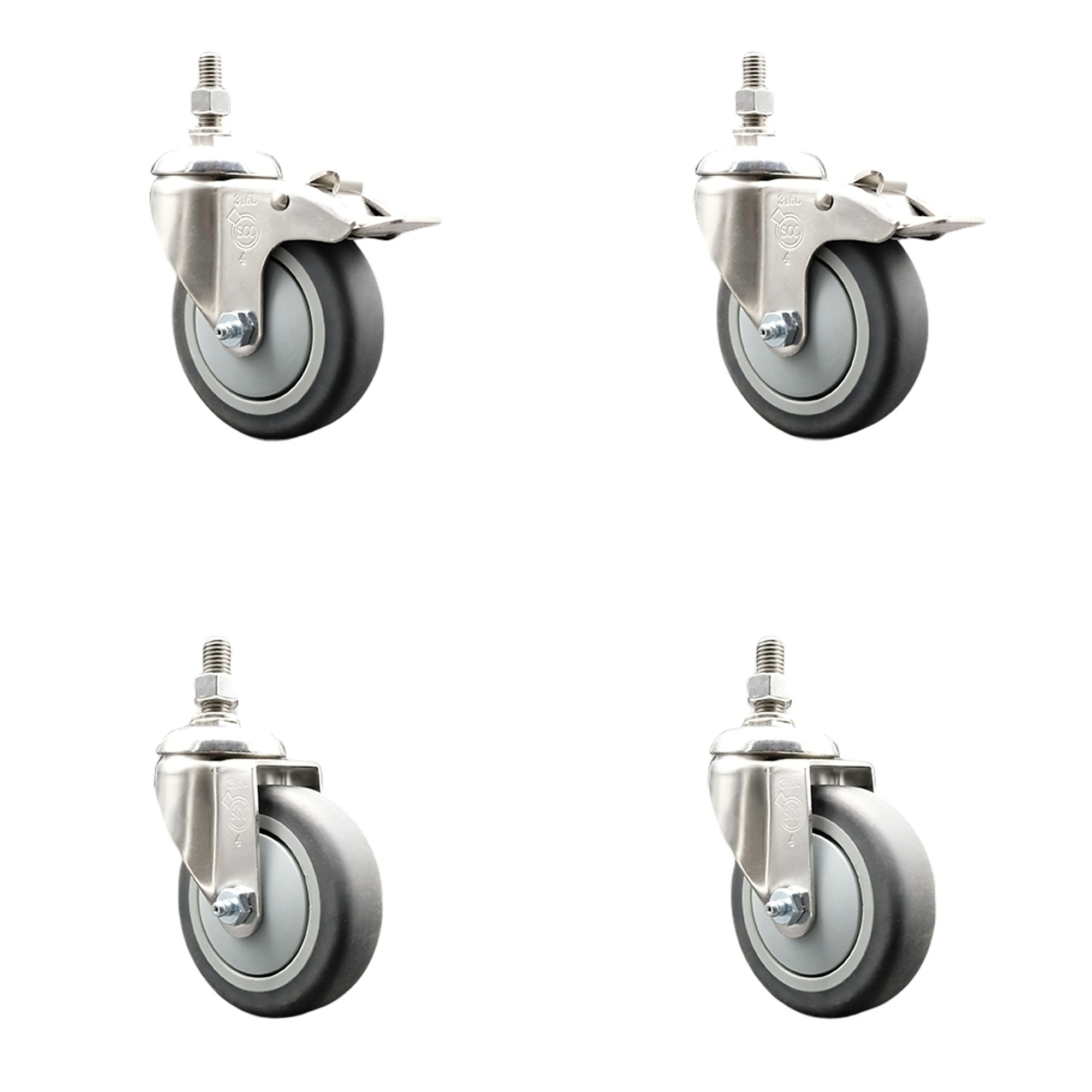 Service Caster, 4Inch x 1 1/4Inch Stem Casters, Wheel Diameter 4 in, Caster Type Swivel, Package (qty.) 4, Model SS316TSTTL20S414-TPRB-381615-2-S2