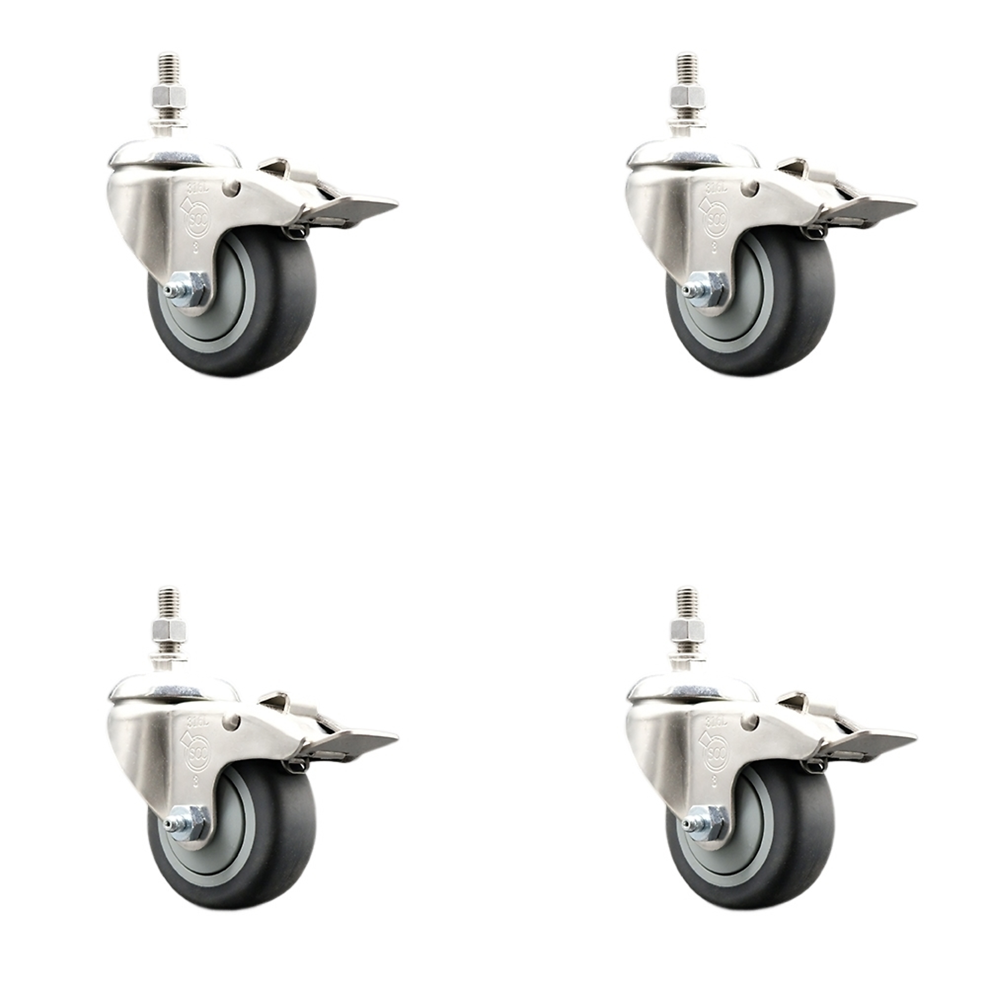 Service Caster, 3Inch x 1 1/4Inch Stem Casters, Wheel Diameter 3 in, Caster Type Swivel, Package (qty.) 4, Model SCC-SS316TSTTL20S314-TPRB-M1015-4