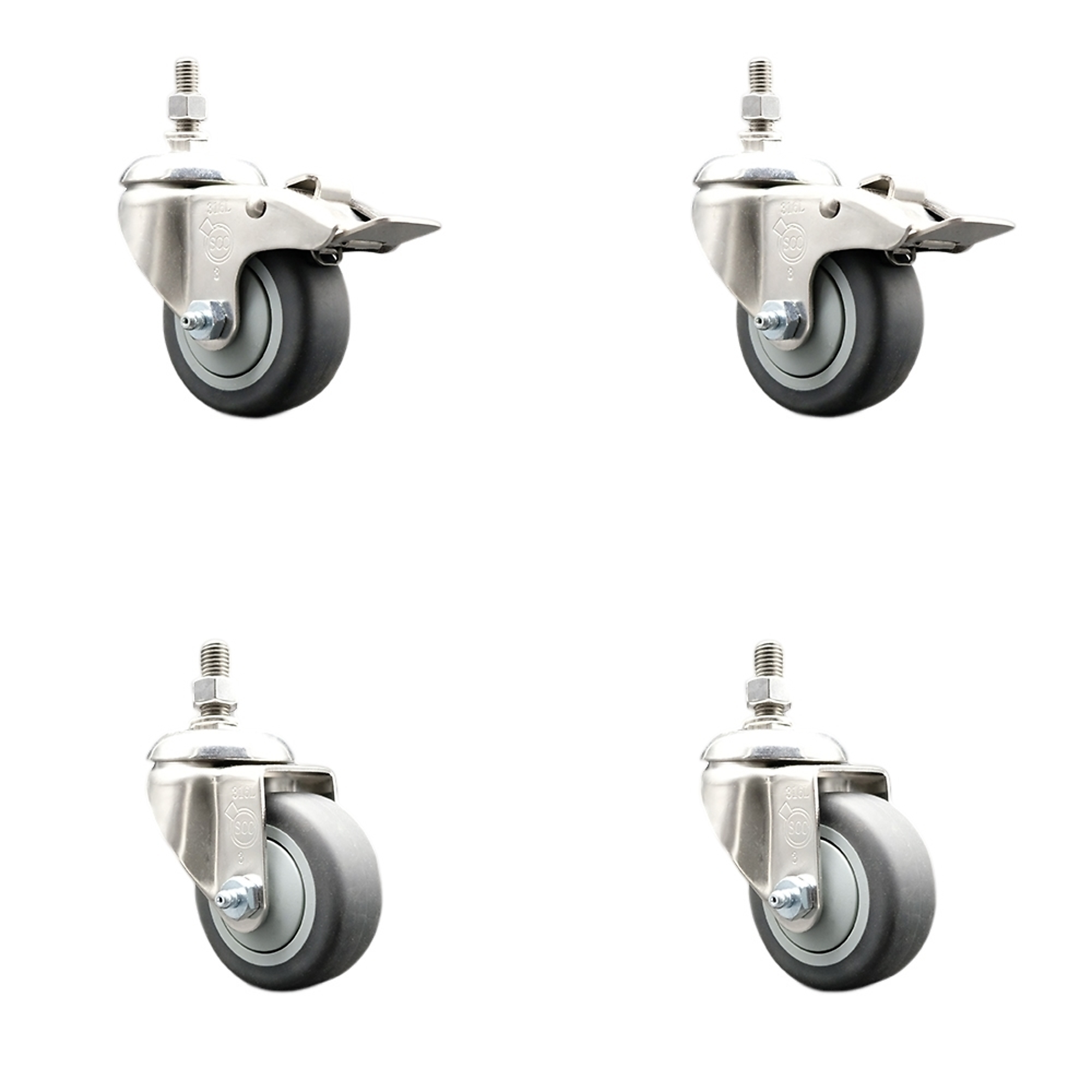 Service Caster, 3Inch x 1 1/4Inch Stem Casters, Wheel Diameter 3 in, Caster Type Swivel, Package (qty.) 4, Model SCC-SS316TSTTL20S314-TPRB-M1015-2-S2