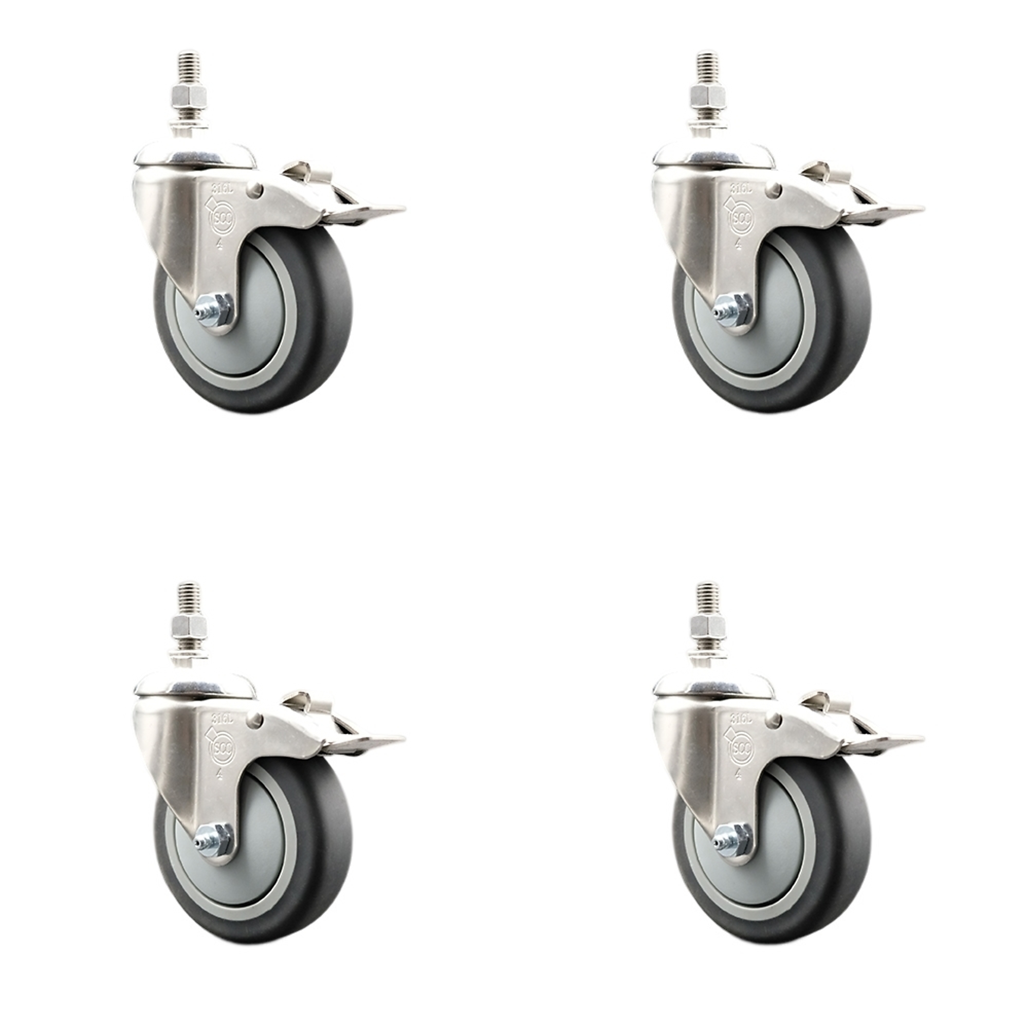 Service Caster, 4Inch x 1 1/4Inch Stem Casters, Wheel Diameter 4 in, Caster Type Swivel, Package (qty.) 4, Model SCC-SS316TSTTL20S414-TPRB-M1015-4