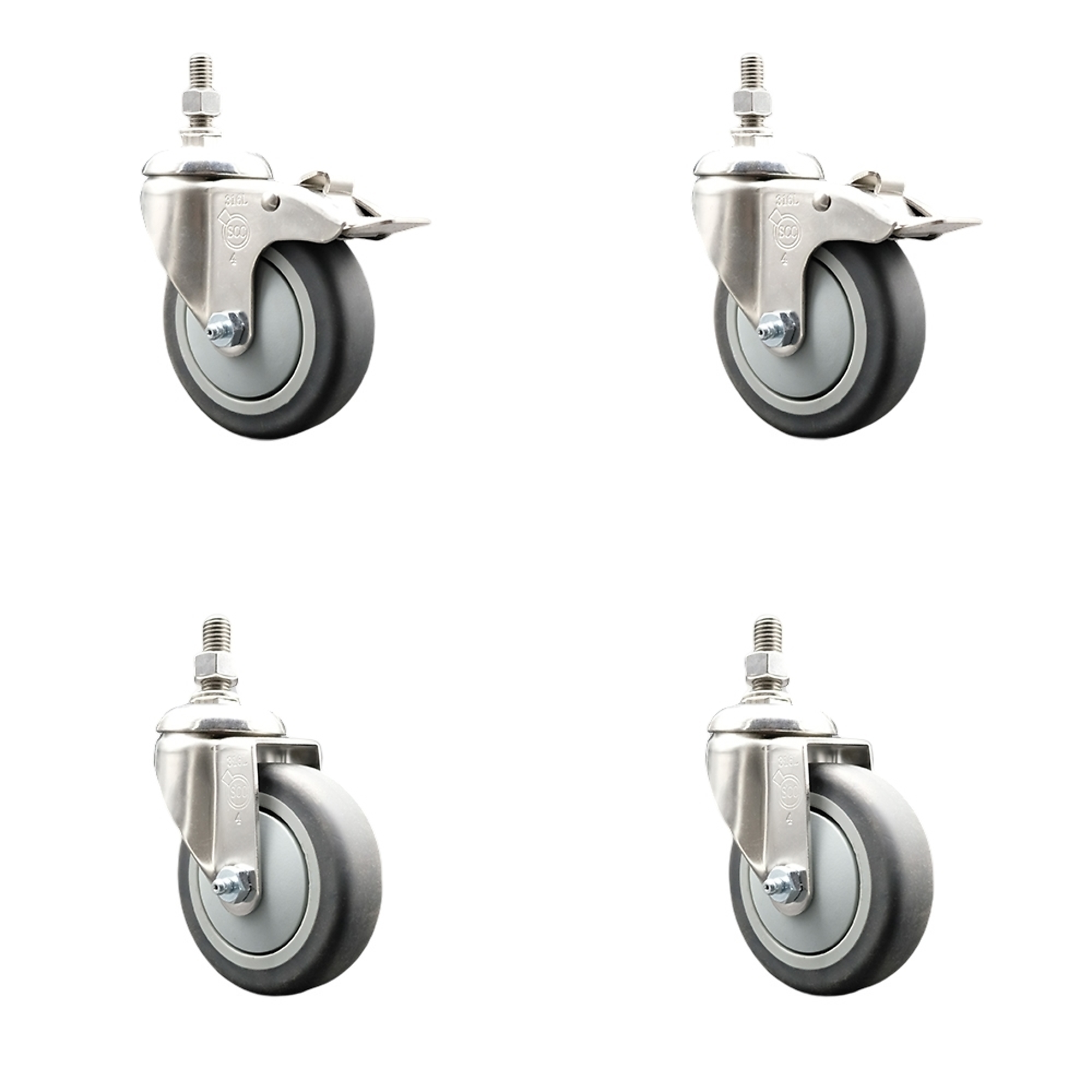 Service Caster, 4Inch x 1 1/4Inch Stem Casters, Wheel Diameter 4 in, Caster Type Swivel, Package (qty.) 4, Model SCC-SS316TSTTL20S414-TPRB-M1015-2-S2