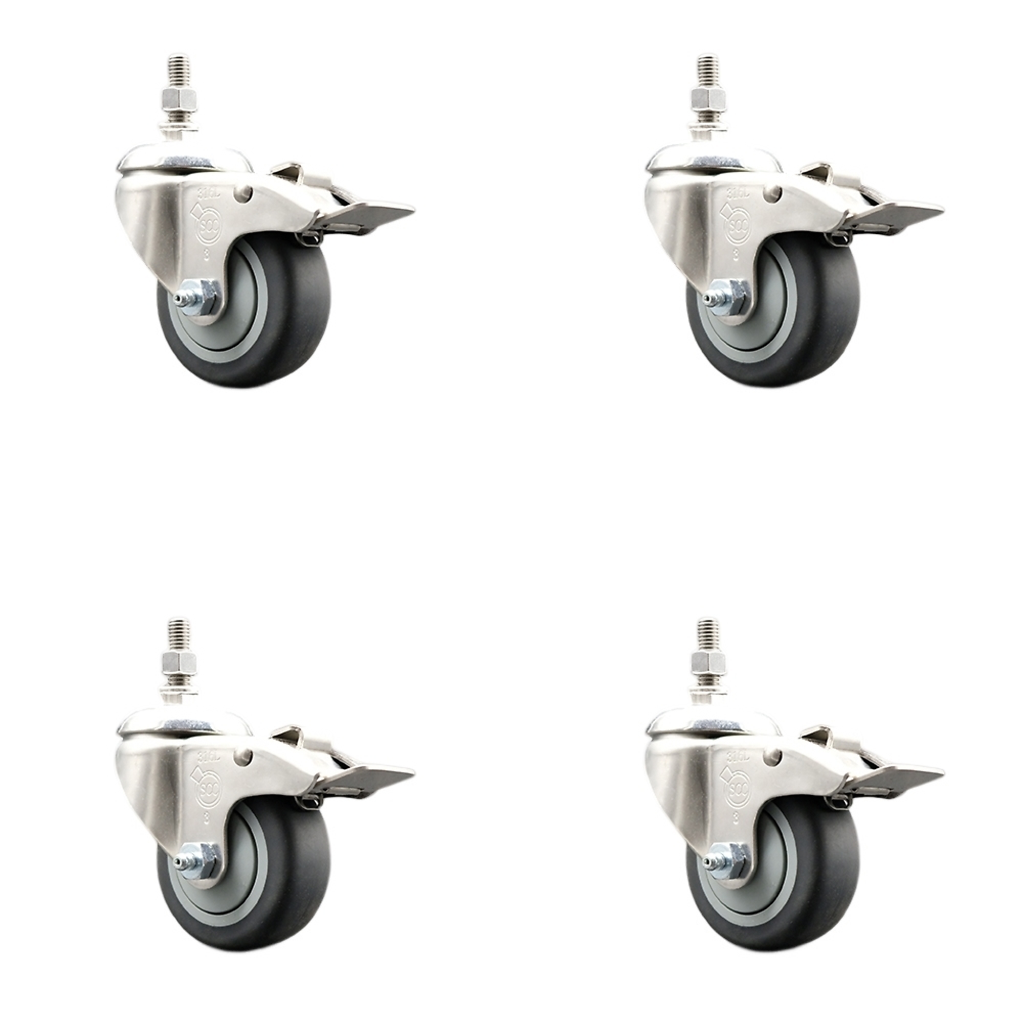 Service Caster, 3Inch x 1 1/4Inch Stem Casters, Wheel Diameter 3 in, Caster Type Swivel, Package (qty.) 4, Model SCC-SS316TSTTL20S314-TPRB-M1215-4