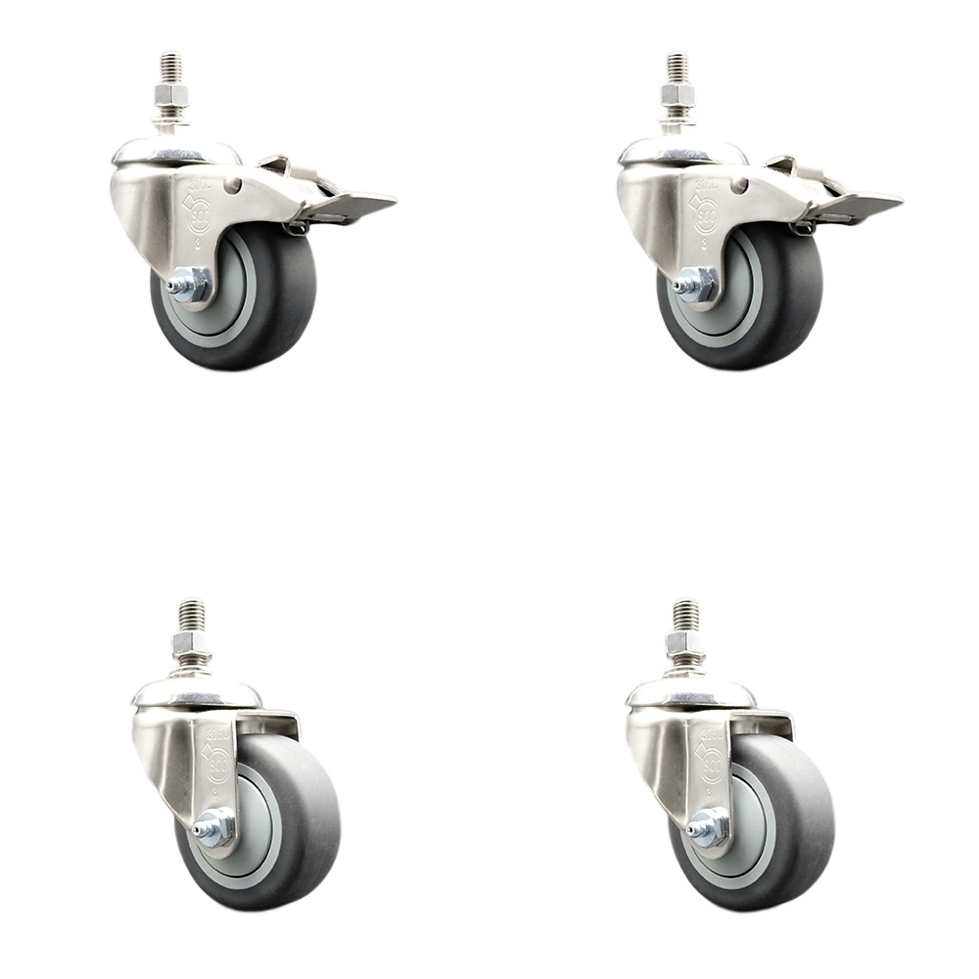 Service Caster, 3Inch x 1 1/4Inch Stem Casters, Wheel Diameter 3 in, Caster Type Swivel, Package (qty.) 4, Model SCC-SS316TSTTL20S314-TPRB-M1215-2-S2