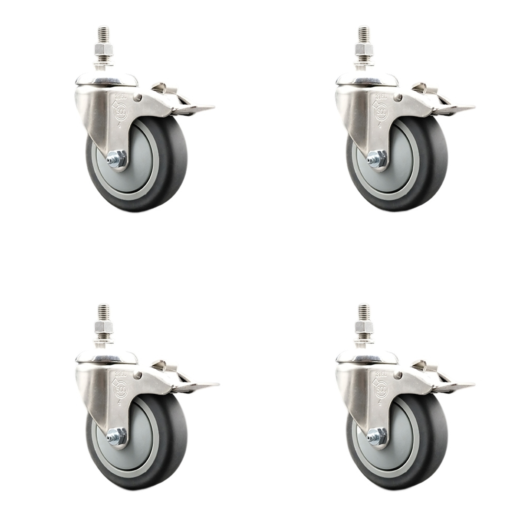 Service Caster, 4Inch x 1 1/4Inch Stem Casters, Wheel Diameter 4 in, Caster Type Swivel, Package (qty.) 4, Model SCC-SS316TSTTL20S414-TPRB-M1215-4