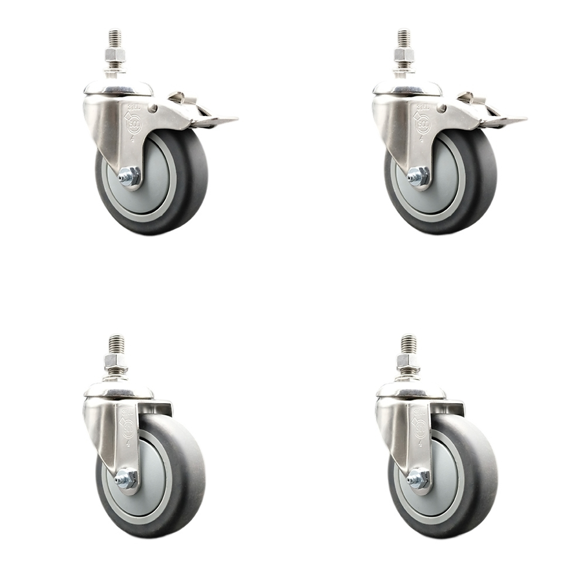 Service Caster, 4Inch x 1 1/4Inch Stem Casters, Wheel Diameter 4 in, Caster Type Swivel, Package (qty.) 4, Model SCC-SS316TSTTL20S414-TPRB-M1215-2-S2