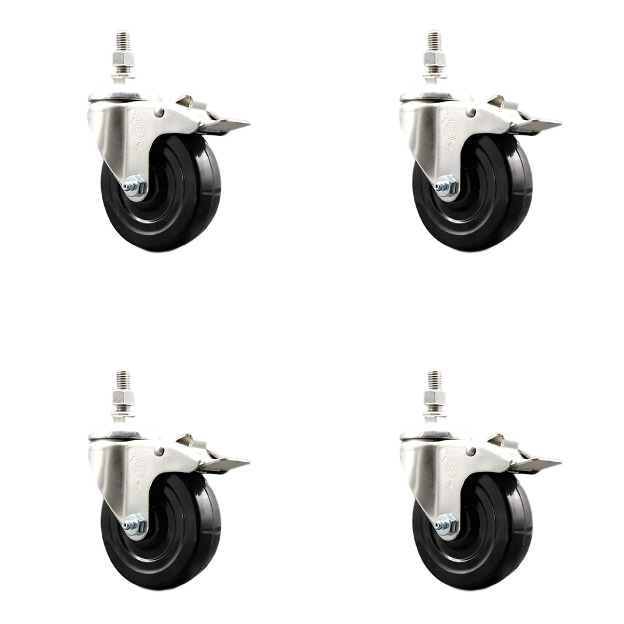 Service Caster, 4Inch x 1 1/4Inch Stem Casters, Wheel Diameter 4 in, Caster Type Swivel, Package (qty.) 4, Model SCC-SS316TSTTL20S414-SRS-121315-4