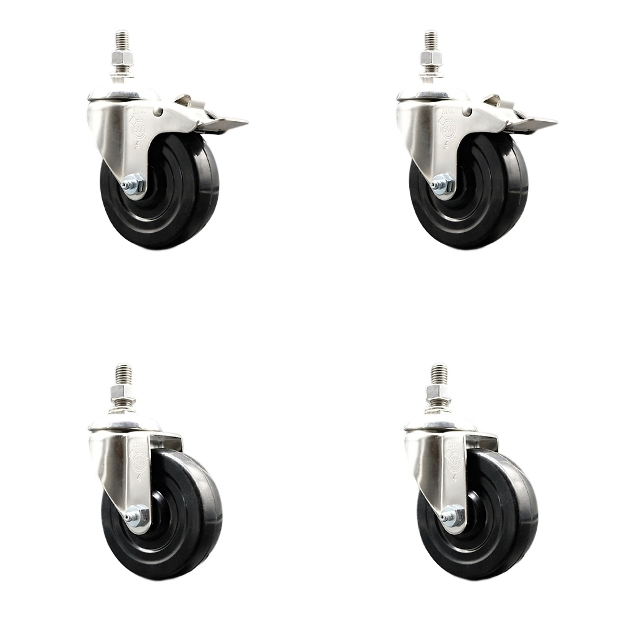 Service Caster, 4Inch x 1 1/4Inch Stem Casters, Wheel Diameter 4 in, Caster Type Swivel, Package (qty.) 4, Model SCC-SS316TSTTL20S414-SRS-121315-2-S2