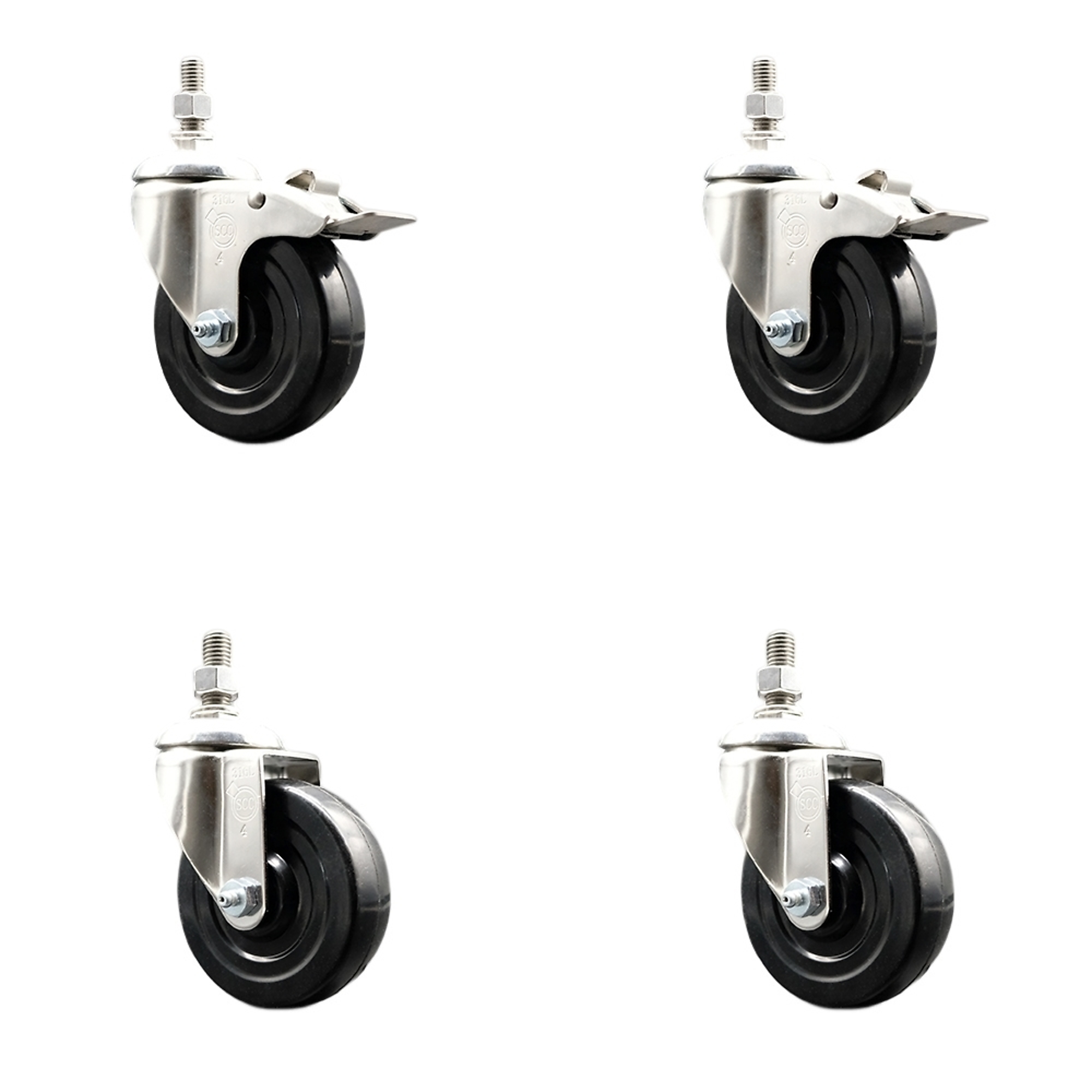 Service Caster, 4Inch x 1 1/4Inch Stem Casters, Wheel Diameter 4 in, Caster Type Swivel, Package (qty.) 4, Model SCC-SS316TSTTL20S414-SRS-381615-2-S2