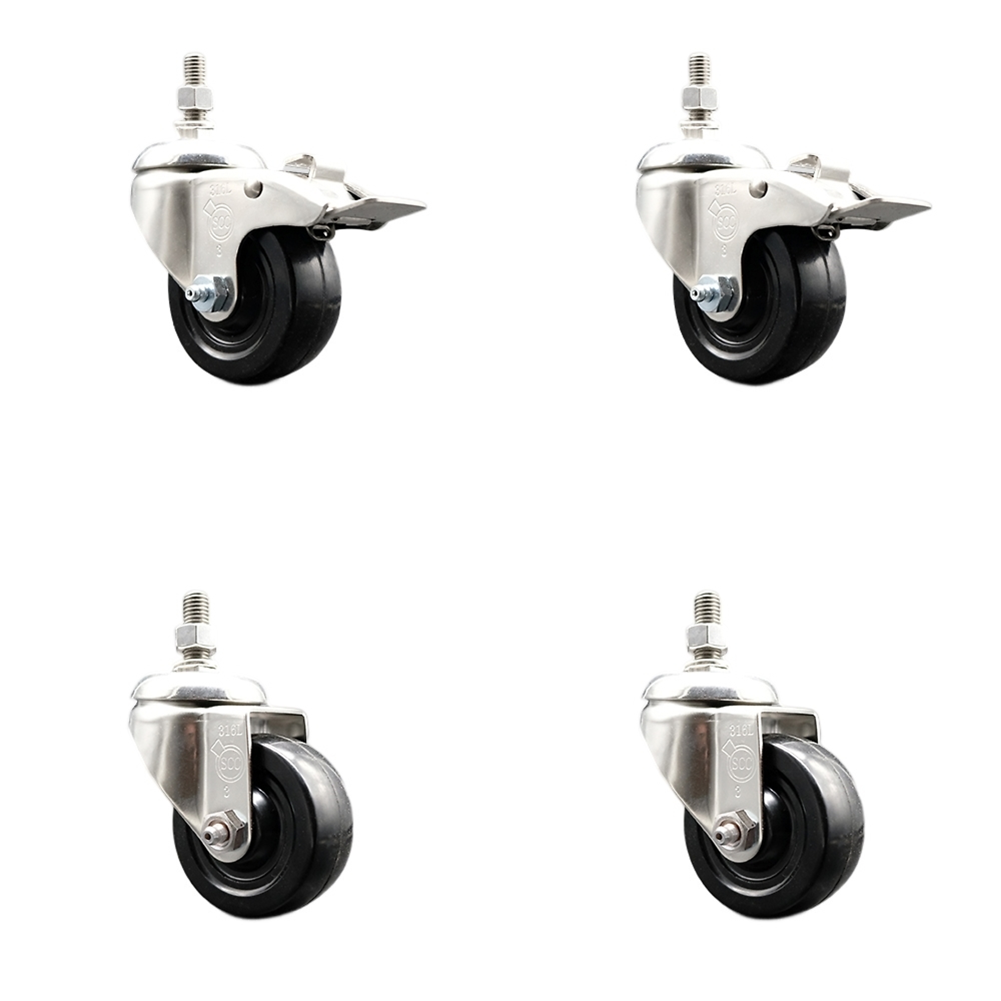 Service Caster, 3Inch x 1 1/4Inch Stem Casters, Wheel Diameter 3 in, Caster Type Swivel, Package (qty.) 4, Model SCC-SS316TSTTL20S314-HRS-M1015-2-S2