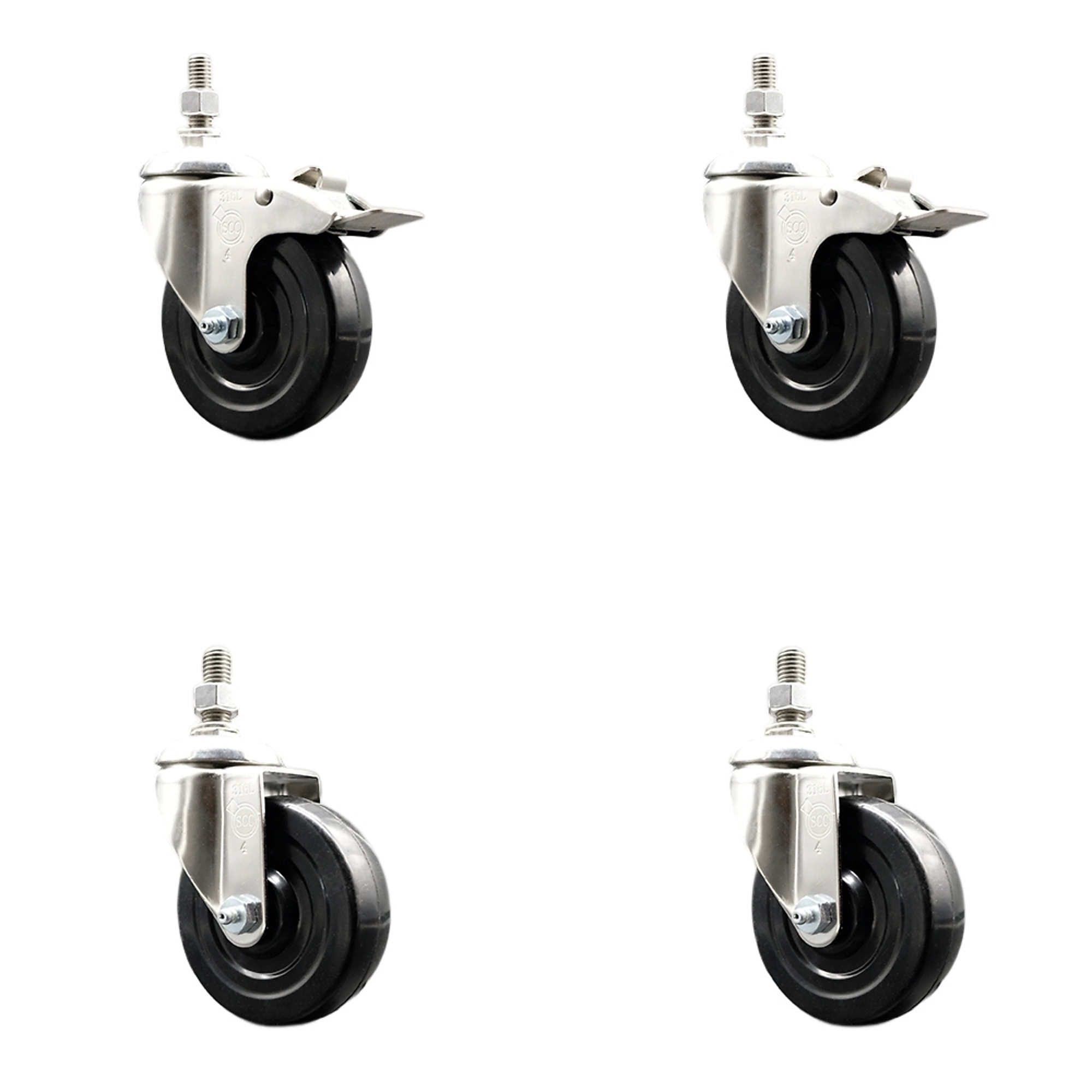 Service Caster, 4Inch x 1 1/4Inch Stem Casters, Wheel Diameter 4 in, Caster Type Swivel, Package (qty.) 4, Model SCC-SS316TSTTL20S414-HRS-M1015-2-S2