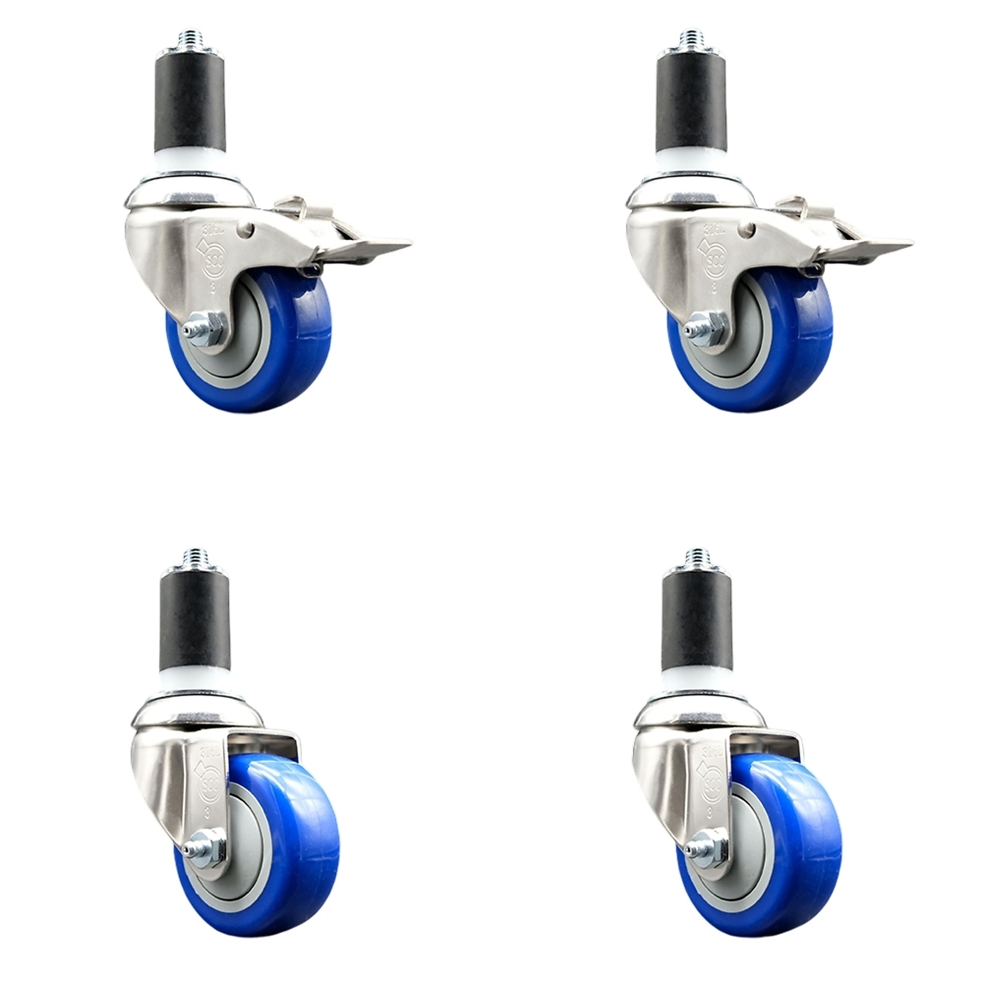 Service Caster, 3Inch x 1 1/4Inch Stem Casters, Wheel Diameter 3 in, Caster Type Swivel, Package (qty.) 4, Model SS316TTLEX20S314-PPUB-BLUE-2-S-2-112