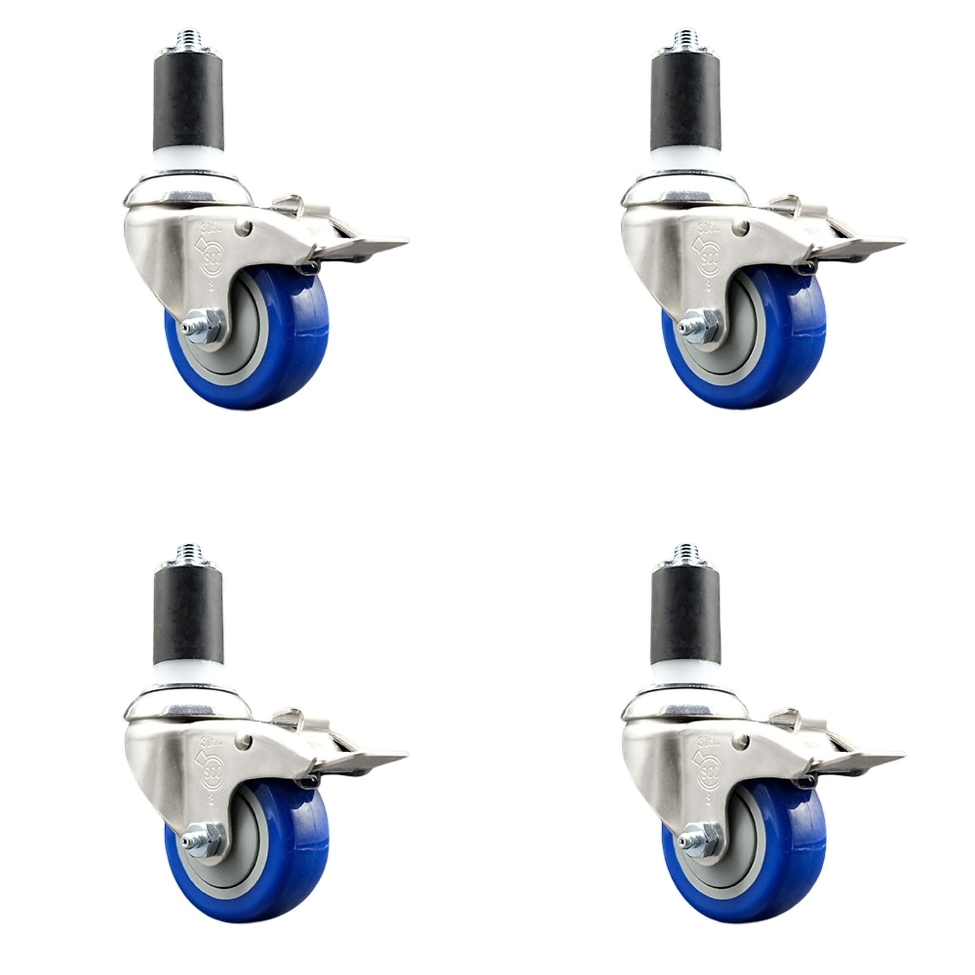 Service Caster, 3Inch x 1 1/4Inch Stem Casters, Wheel Diameter 3 in, Caster Type Swivel, Package (qty.) 4, Model SCC-SS316TTLEX20S314-PPUB-BLUE-112-4