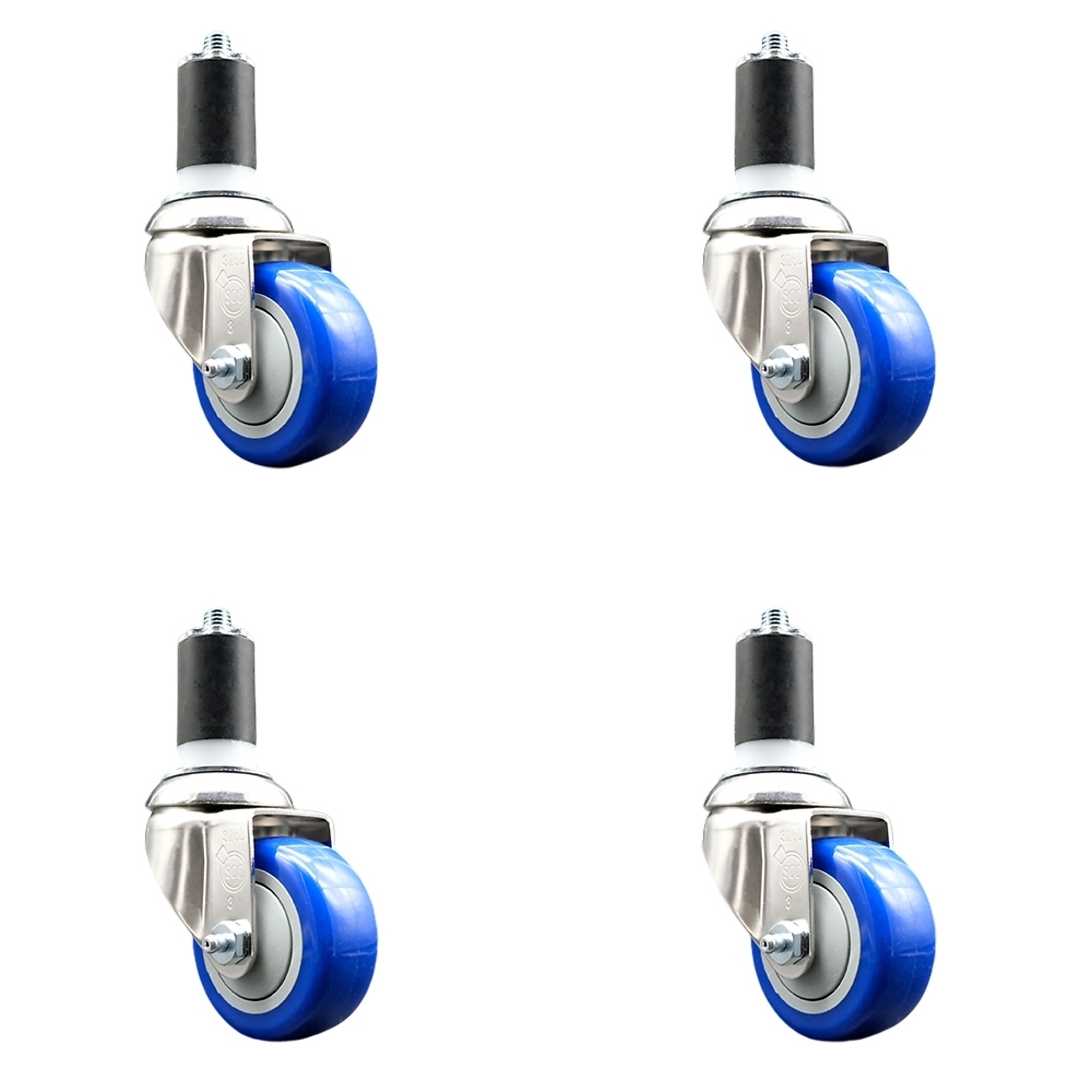 Service Caster, 3 1/2Inch x 1 1/4Inch Stem Casters, Wheel Diameter 3.5 in, Caster Type Swivel, Package (qty.) 4, Model SCC-SS316EX20S3514-PPUB-BLUE-