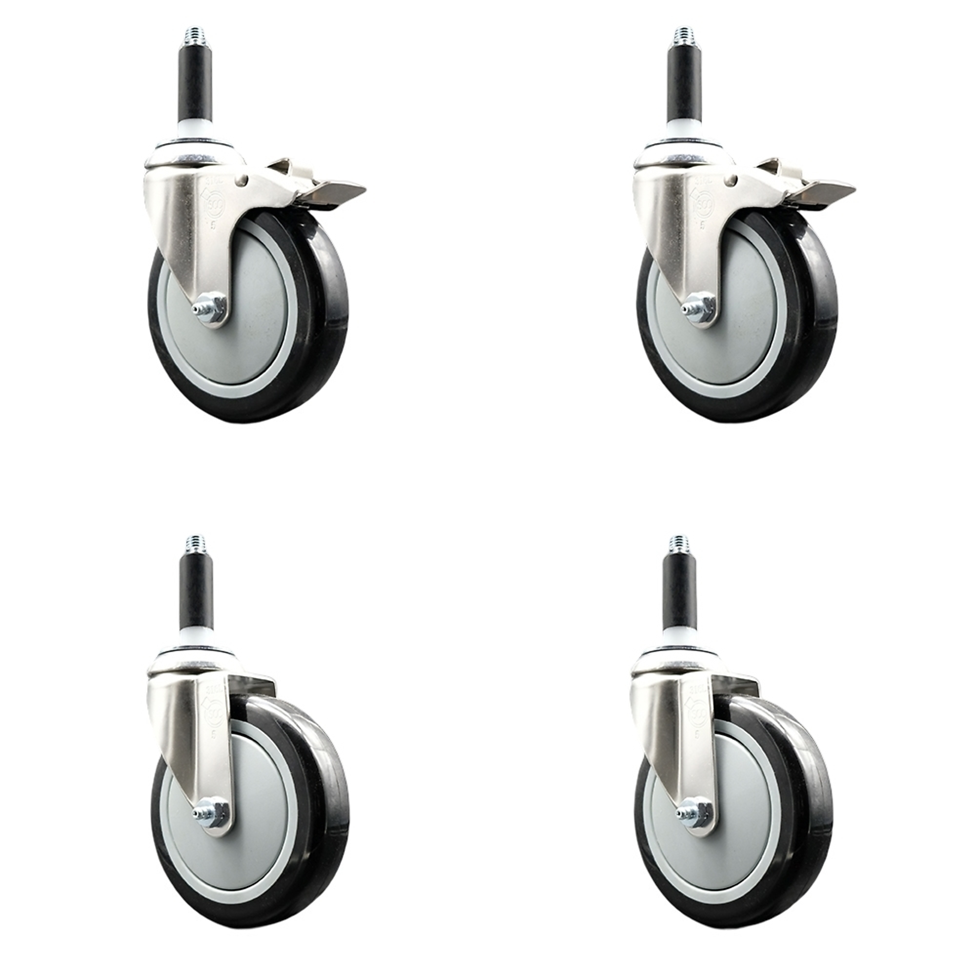 Service Caster, 5Inch x 1 1/4Inch Stem Casters, Wheel Diameter 5 in, Caster Type Swivel, Package (qty.) 4, Model SS316TTLEX20S514-PPUB-BLK-2-S-2-34