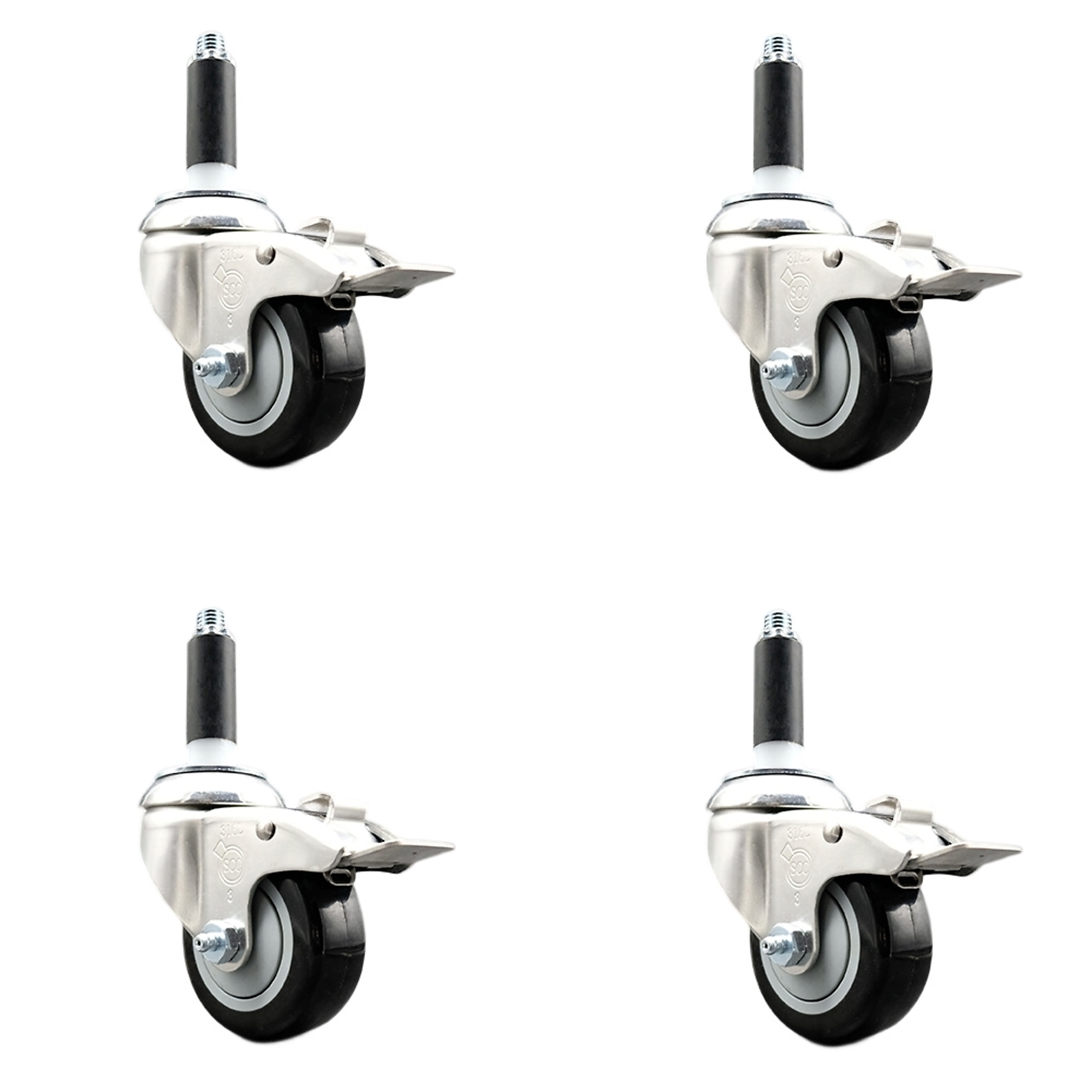 Service Caster, 3Inch x 1 1/4Inch Stem Casters, Wheel Diameter 3 in, Caster Type Swivel, Package (qty.) 4, Model SCC-SS316TTLEX20S314-PPUB-BLK-78-4