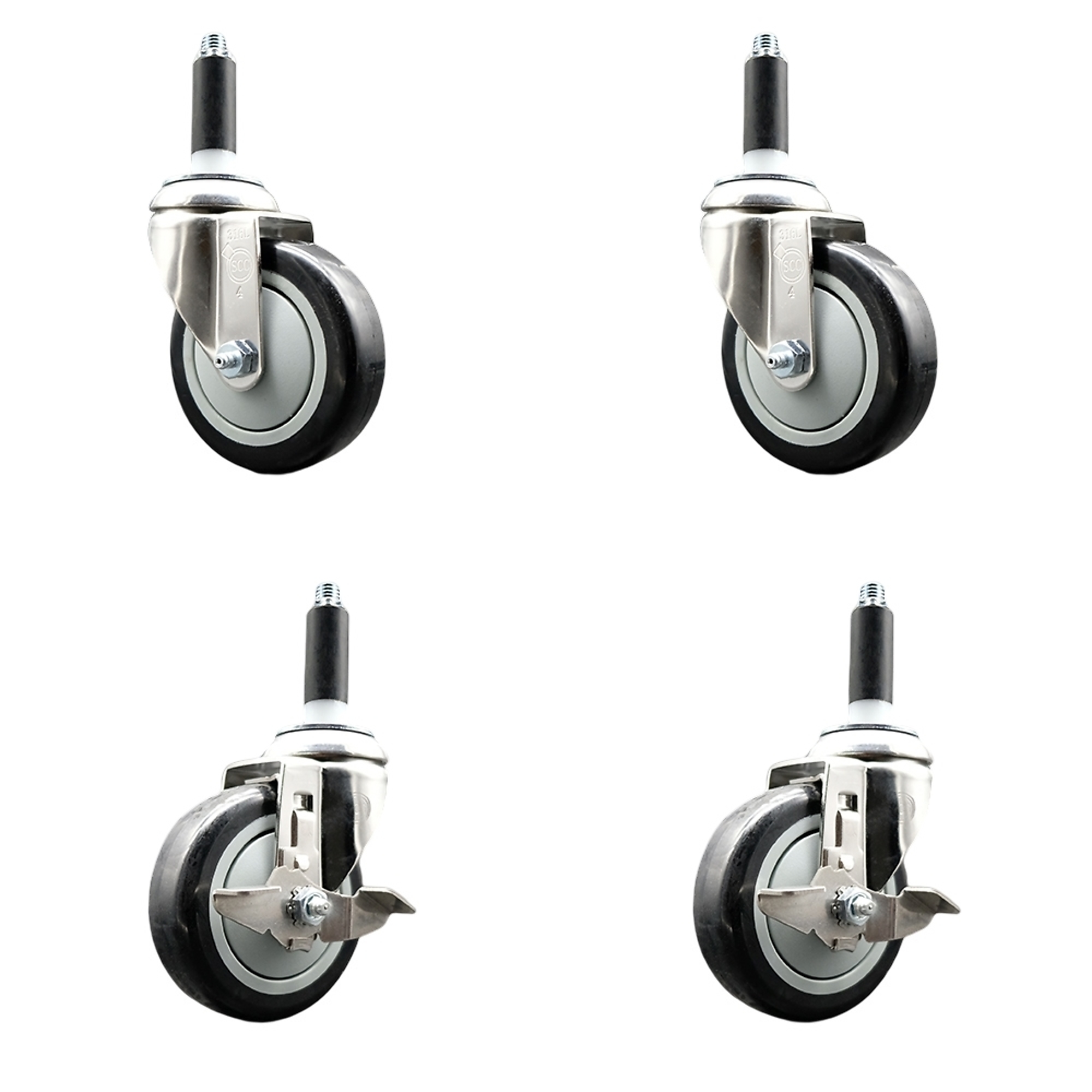 Service Caster, 4Inch x 1 1/4Inch Stem Casters, Wheel Diameter 4 in, Caster Type Swivel, Package (qty.) 4, Model SS316EX20S414-PPUB-BLK-2-TLB-2-78