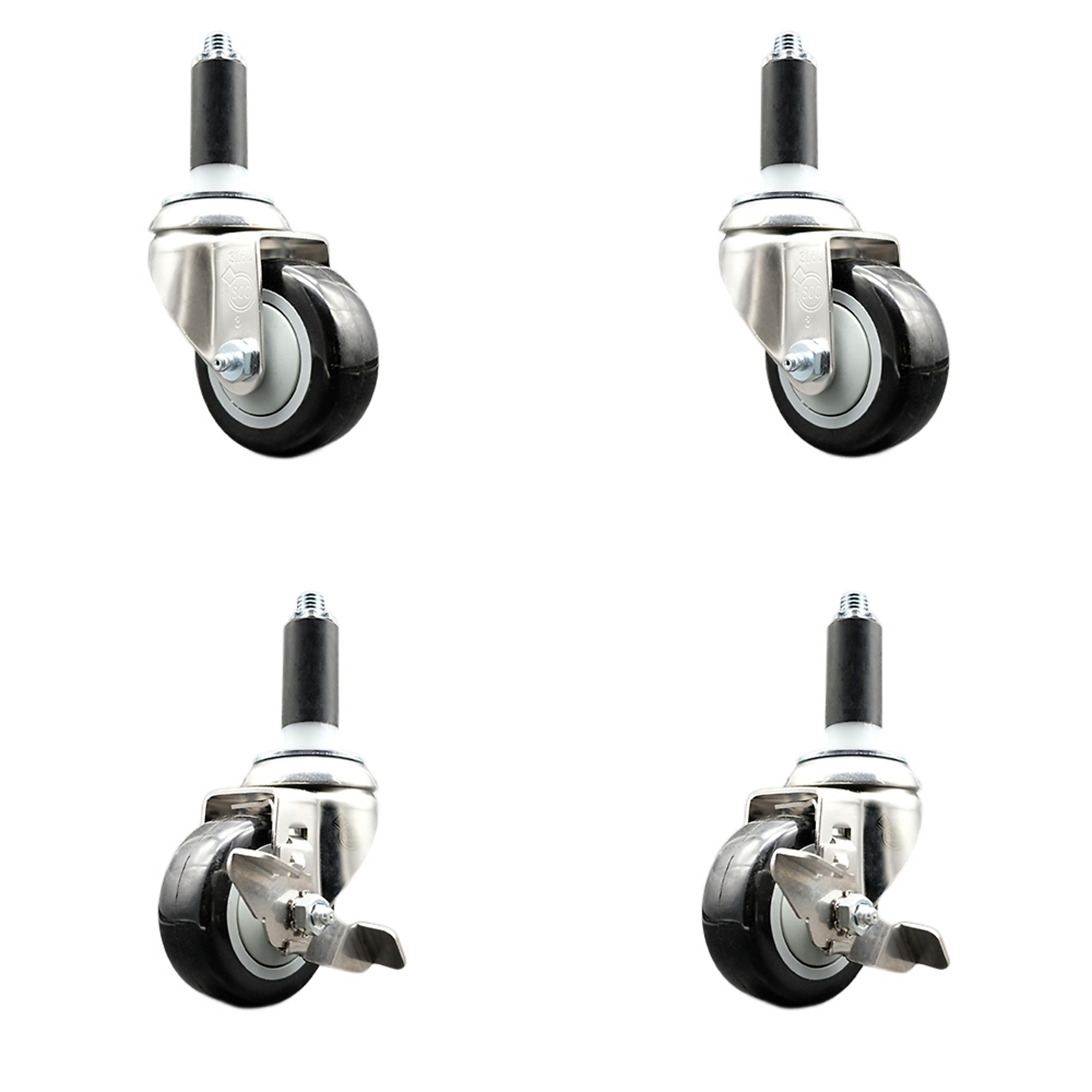 Service Caster, 3Inch x 1 1/4Inch Stem Casters, Wheel Diameter 3 in, Caster Type Swivel, Package (qty.) 4, Model SCC-SS316EX20S314-PPUB-BLK-2-TLB-2-1