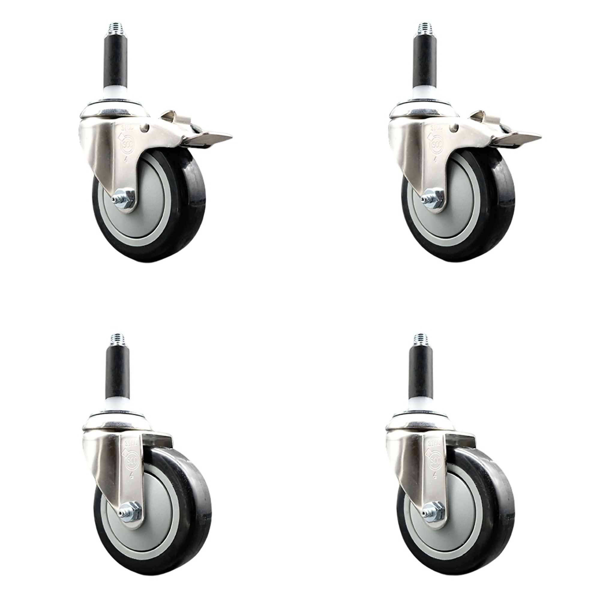 Service Caster, 4Inch x 1 1/4Inch Stem Casters, Wheel Diameter 4 in, Caster Type Swivel, Package (qty.) 4, Model SS316TTLEX20S414-PPUB-BLK-2-S-2-78