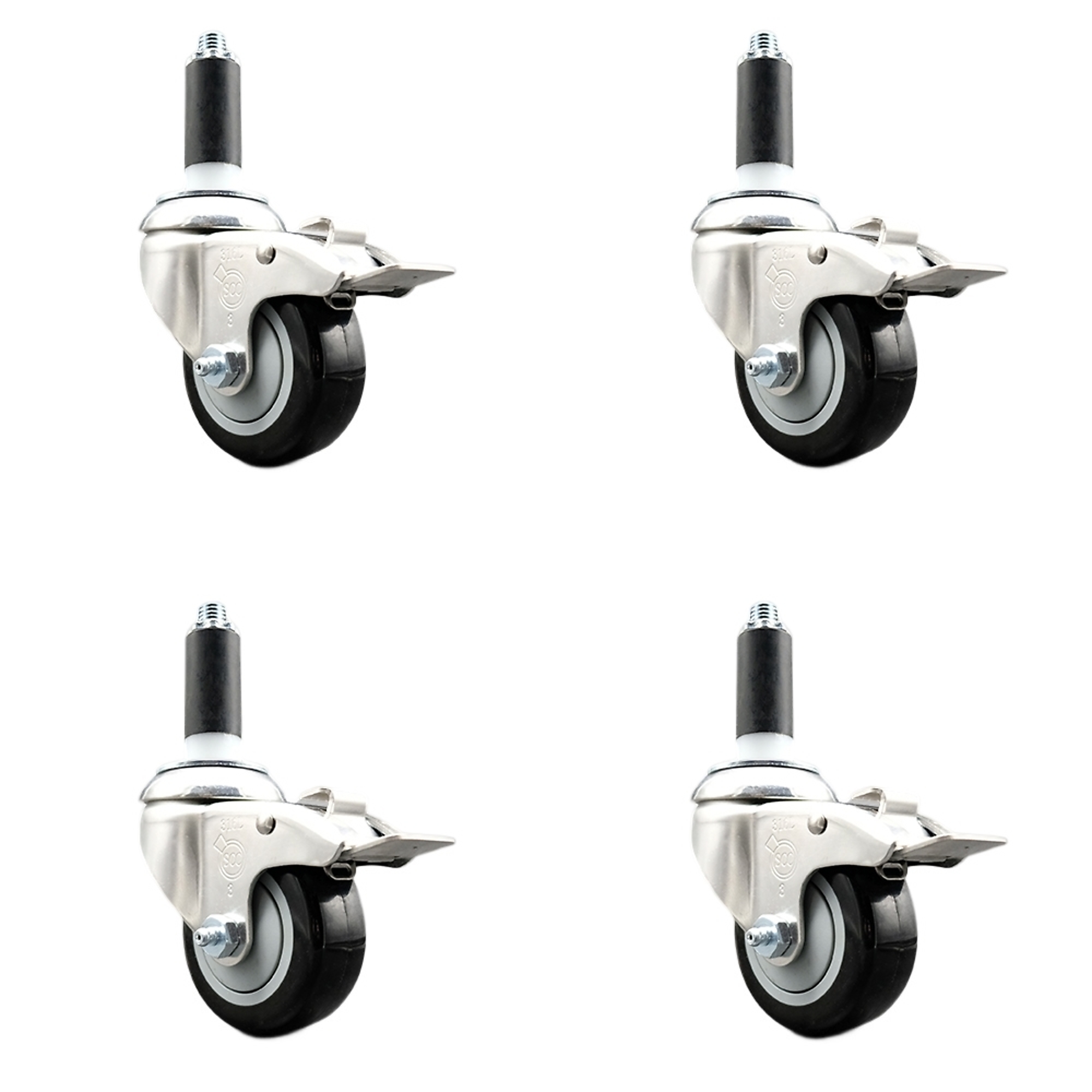 Service Caster, 3 1/2Inch x 1 1/4Inch Stem Casters, Wheel Diameter 3.5 in, Caster Type Swivel, Package (qty.) 4, Model SCC-SS316TTLEX20S3514-PPUB-BLK-