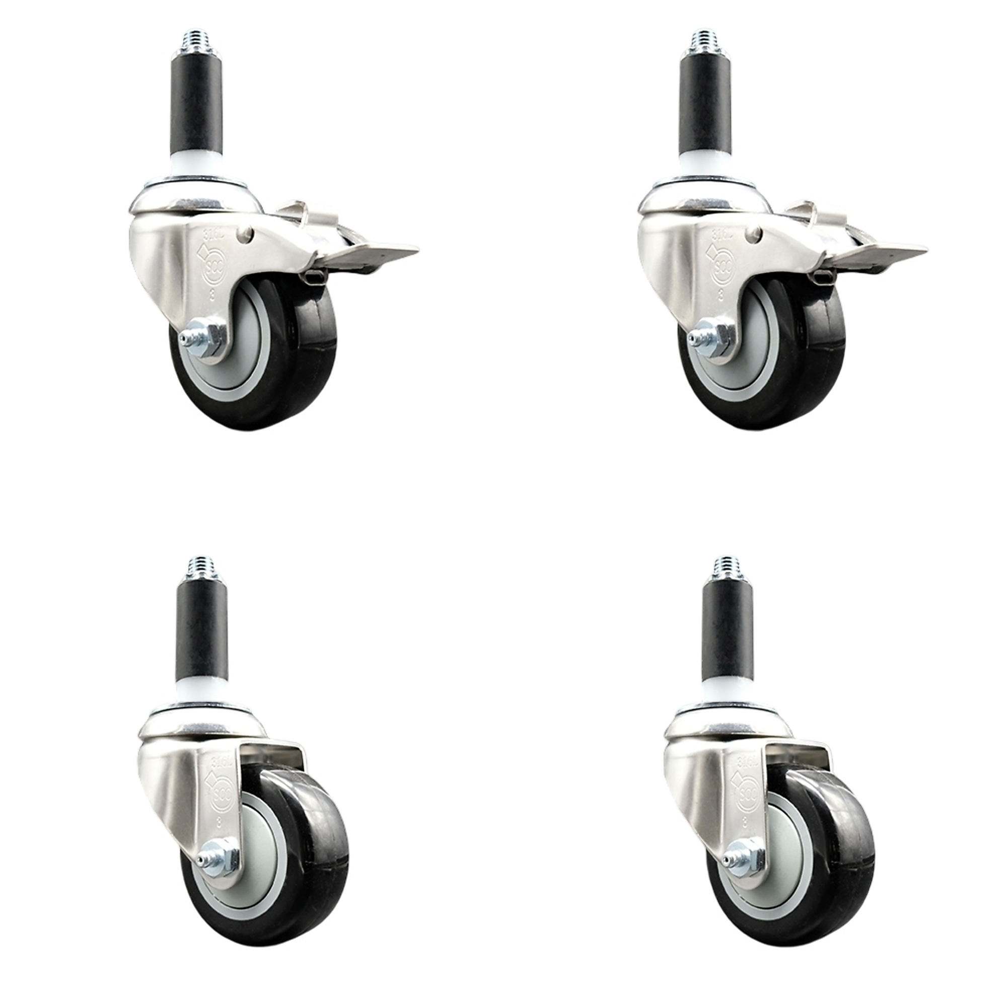 Service Caster, 3Inch x 1 1/4Inch Stem Casters, Wheel Diameter 3 in, Caster Type Swivel, Package (qty.) 4, Model SS316TTLEX20S314-PPUB-BLK-2-S-2-1