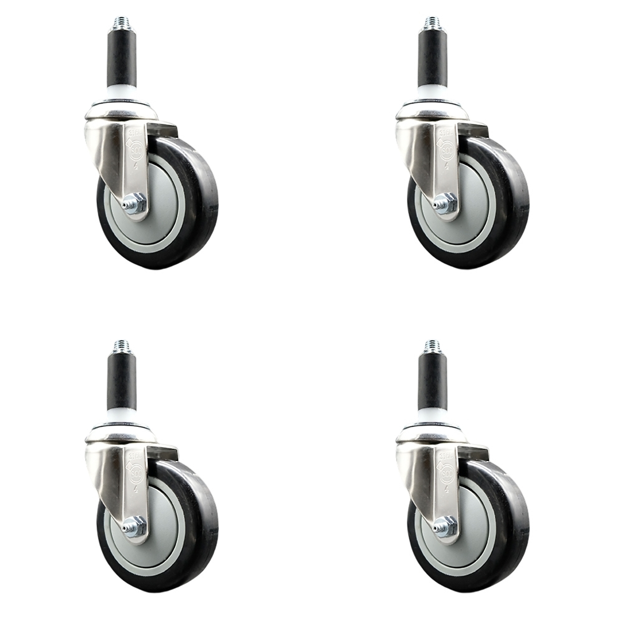 Service Caster, 4Inch x 1 1/4Inch Stem Casters, Wheel Diameter 4 in, Caster Type Swivel, Package (qty.) 4, Model SCC-SS316EX20S414-PPUB-BLK-1-4