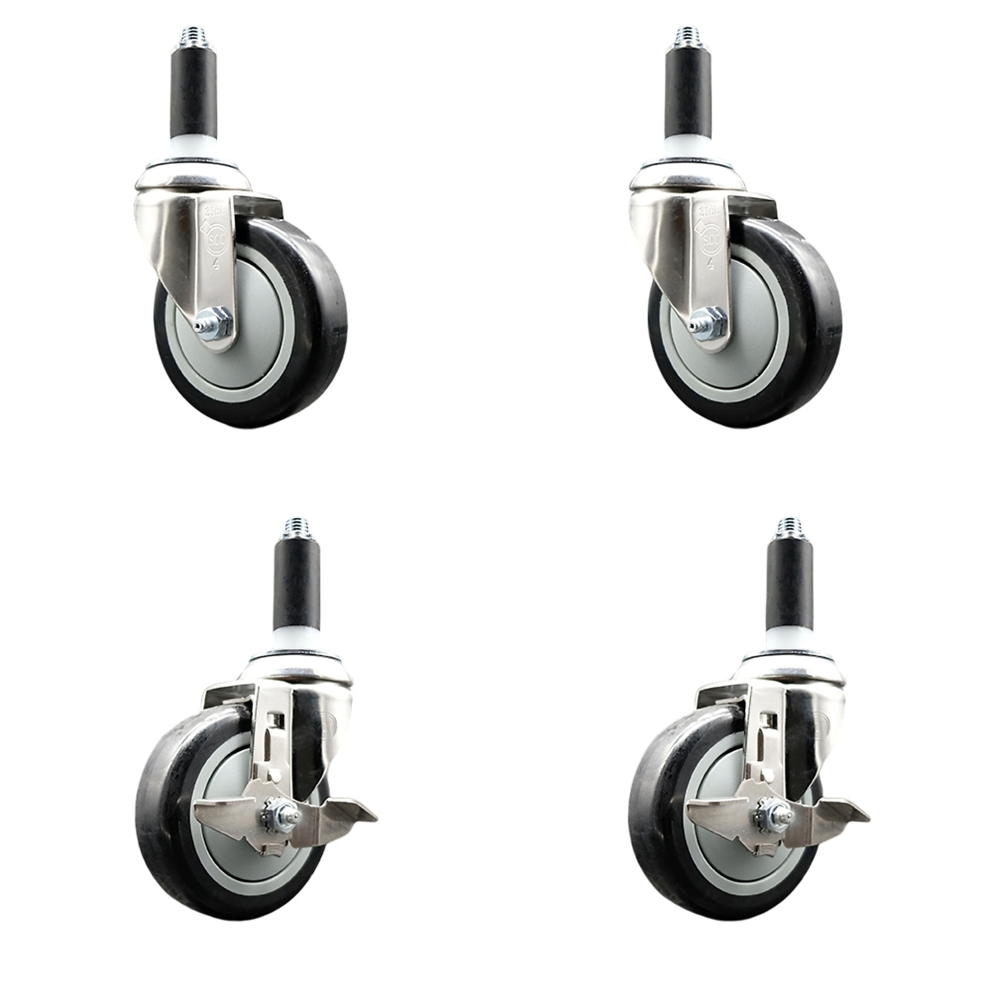 Service Caster, 4Inch x 1 1/4Inch Stem Casters, Wheel Diameter 4 in, Caster Type Swivel, Package (qty.) 4, Model SCC-SS316EX20S414-PPUB-BLK-2-TLB-2-1