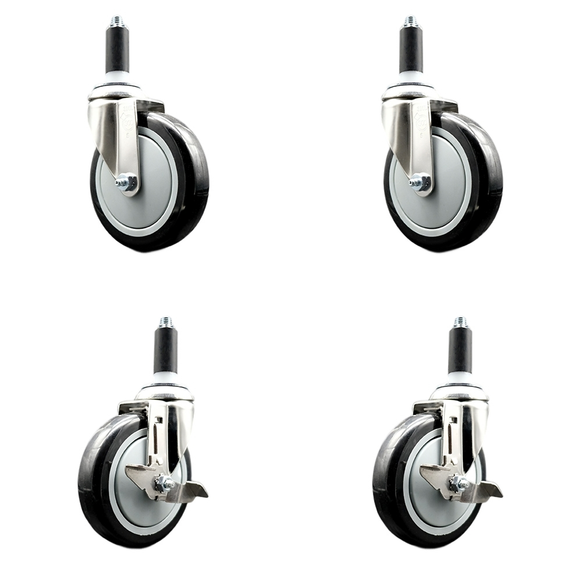 Service Caster, 5Inch x 1 1/4Inch Stem Casters, Wheel Diameter 5 in, Caster Type Swivel, Package (qty.) 4, Model SCC-SS316EX20S514-PPUB-BLK-2-TLB-2-1