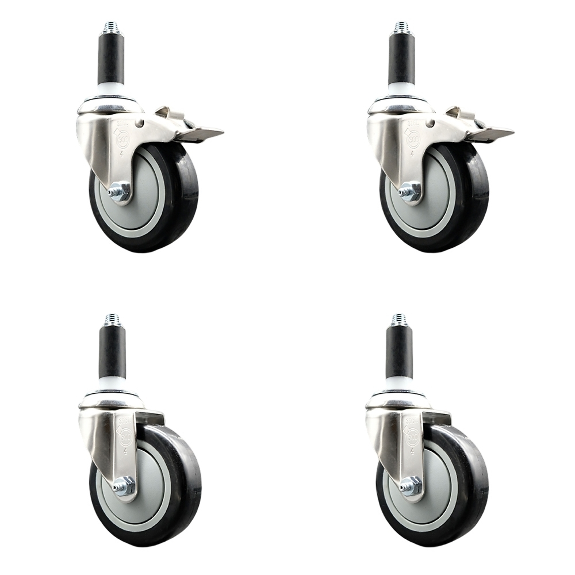 Service Caster, 4Inch x 1 1/4Inch Stem Casters, Wheel Diameter 4 in, Caster Type Swivel, Package (qty.) 4, Model SS316TTLEX20S414-PPUB-BLK-2-S-2-1