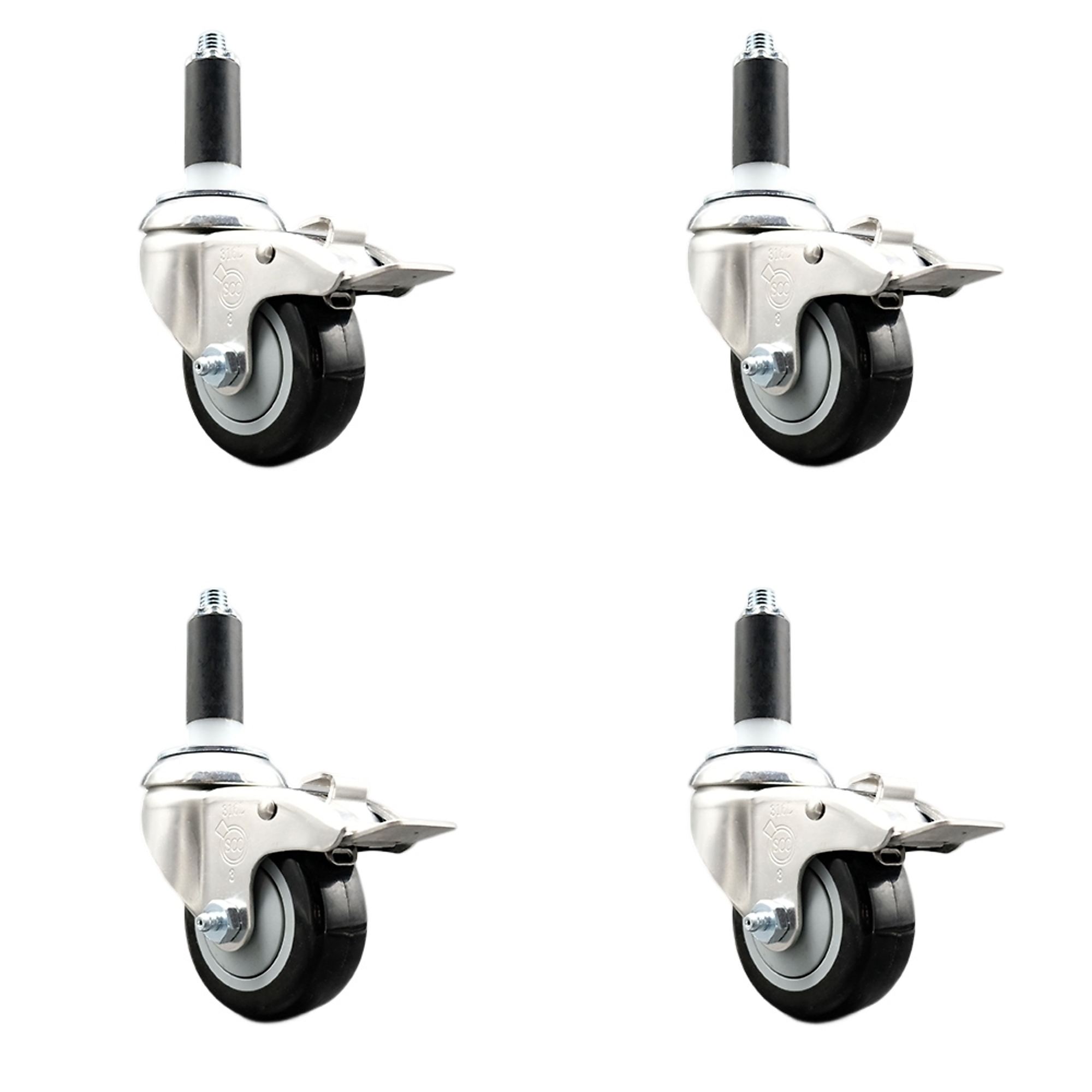 Service Caster, 3Inch x 1 1/4Inch Stem Casters, Wheel Diameter 3 in, Caster Type Swivel, Package (qty.) 4, Model SCC-SS316TTLEX20S314-PPUB-BLK-118-4