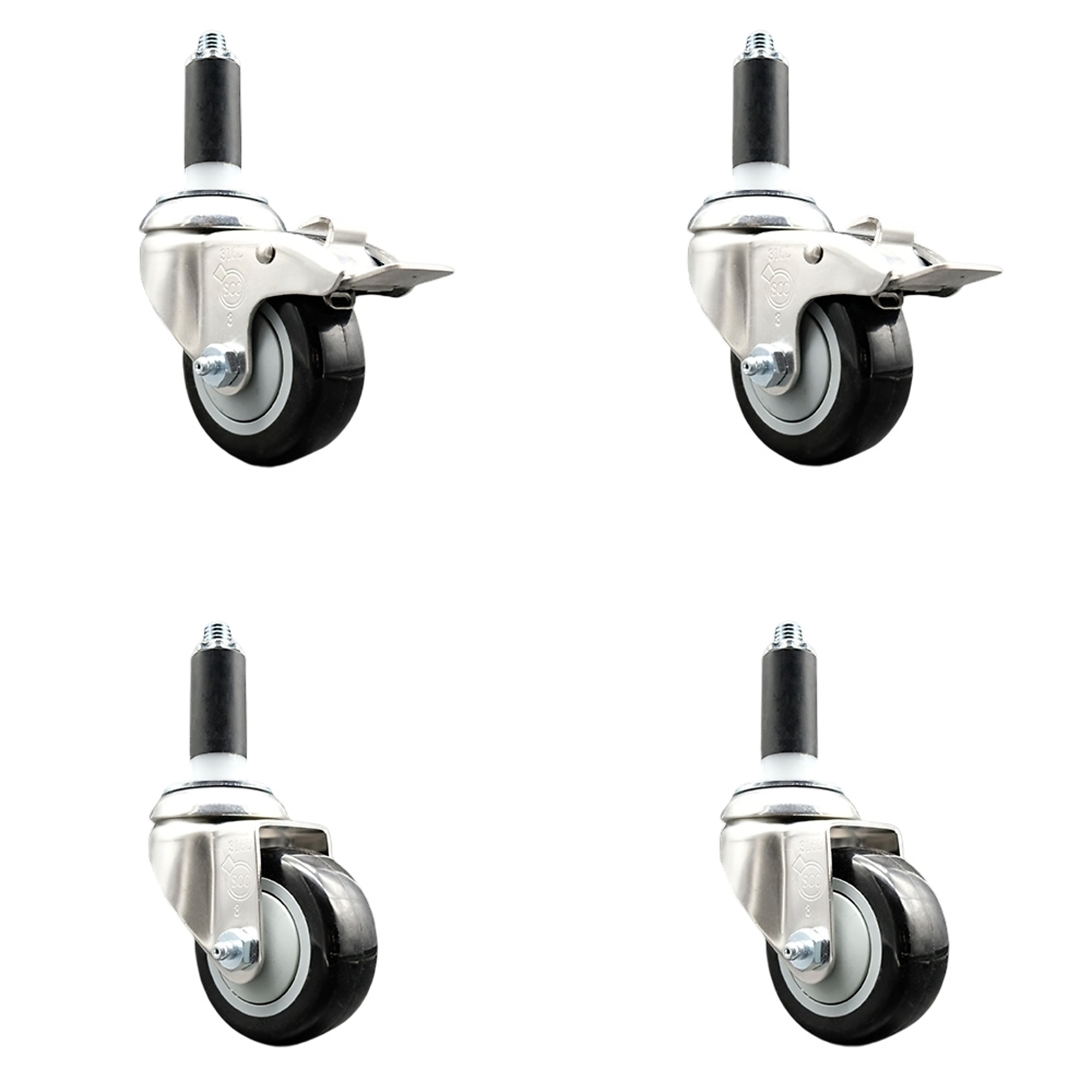 Service Caster, 3Inch x 1 1/4Inch Stem Casters, Wheel Diameter 3 in, Caster Type Swivel, Package (qty.) 4, Model SS316TTLEX20S314-PPUB-BLK-2-S-2-118