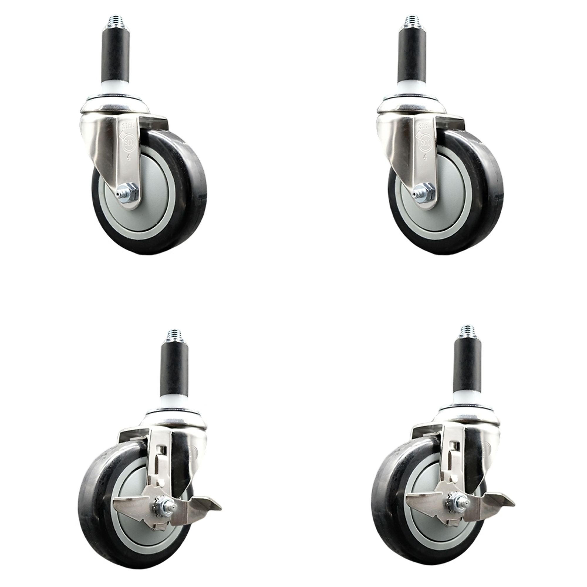 Service Caster, 4Inch x 1 1/4Inch Stem Casters, Wheel Diameter 4 in, Caster Type Swivel, Package (qty.) 4, Model SS316EX20S414-PPUB-BLK-2-TLB-2-118