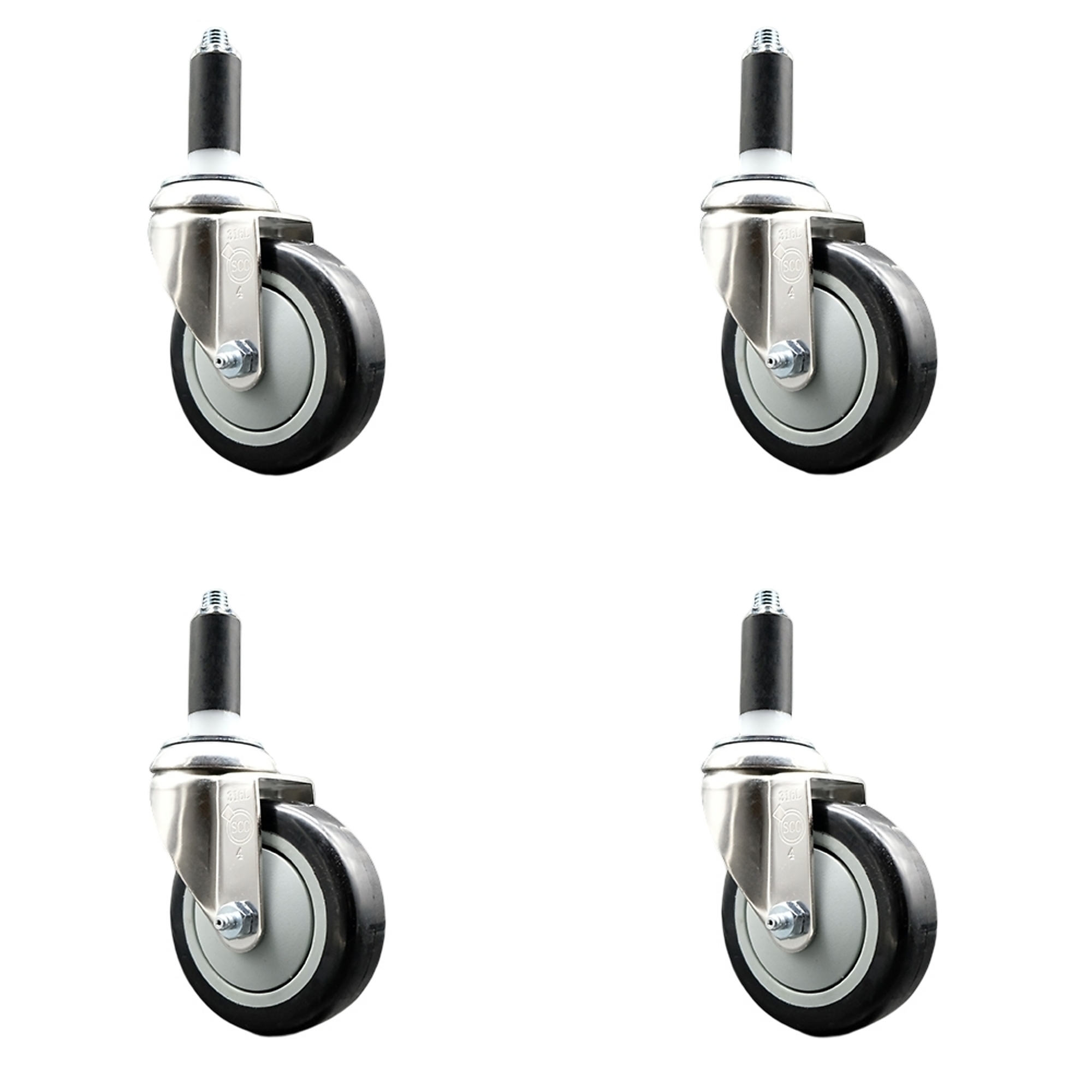 Service Caster, 4Inch x 1 1/4Inch Stem Casters, Wheel Diameter 4 in, Caster Type Swivel, Package (qty.) 4, Model SCC-SS316EX20S414-PPUB-BLK-118-4