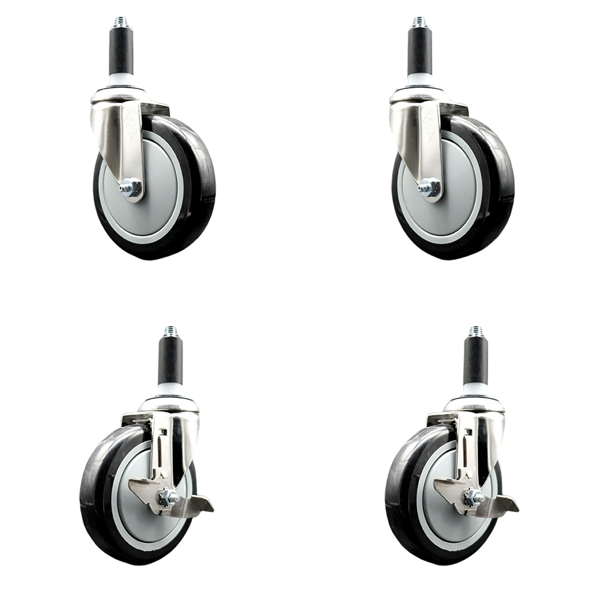 Service Caster, 5Inch x 1 1/4Inch Stem Casters, Wheel Diameter 5 in, Caster Type Swivel, Package (qty.) 4, Model SS316EX20S514-PPUB-BLK-2-TLB-2-118