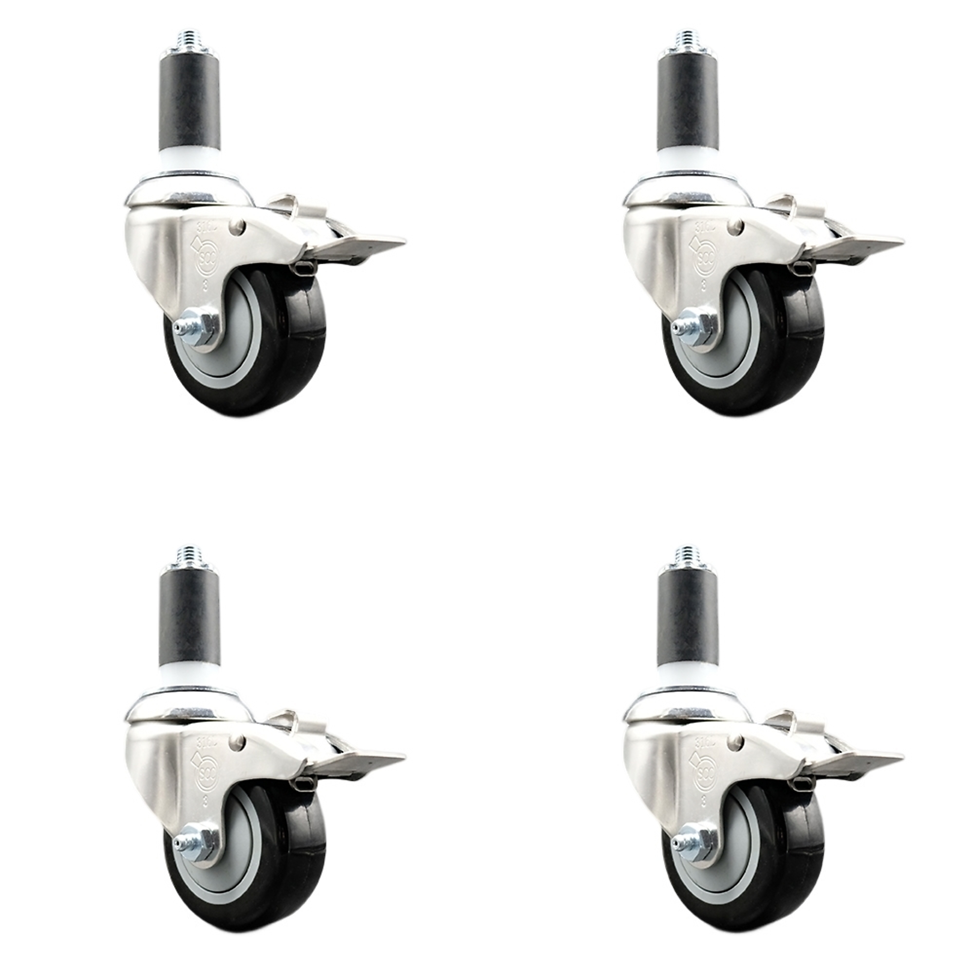 Service Caster, 3 1/2Inch x 1 1/4Inch Stem Casters, Wheel Diameter 3.5 in, Caster Type Swivel, Package (qty.) 4, Model SCC-SS316TTLEX20S3514-PPUB-BLK-