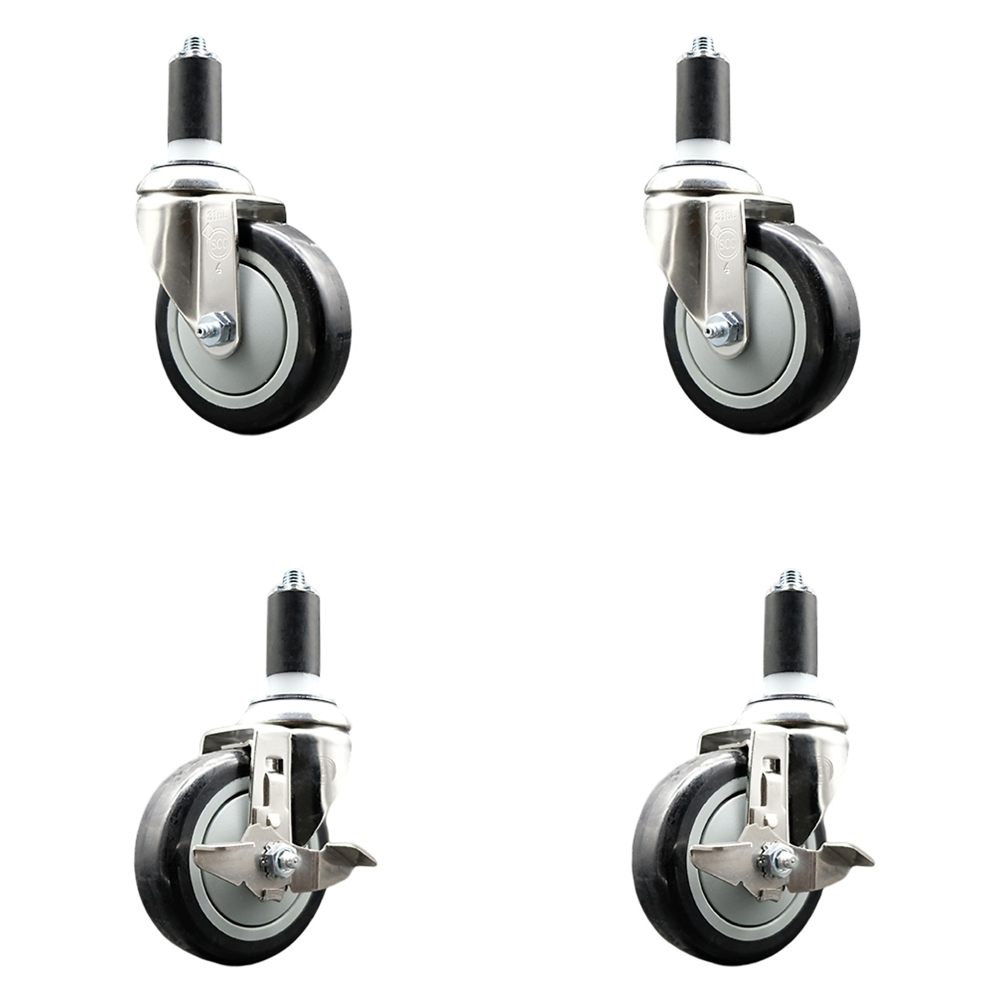 Service Caster, 4Inch x 1 1/4Inch Stem Casters, Wheel Diameter 4 in, Caster Type Swivel, Package (qty.) 4, Model SS316EX20S414-PPUB-BLK-2-TLB-2-114