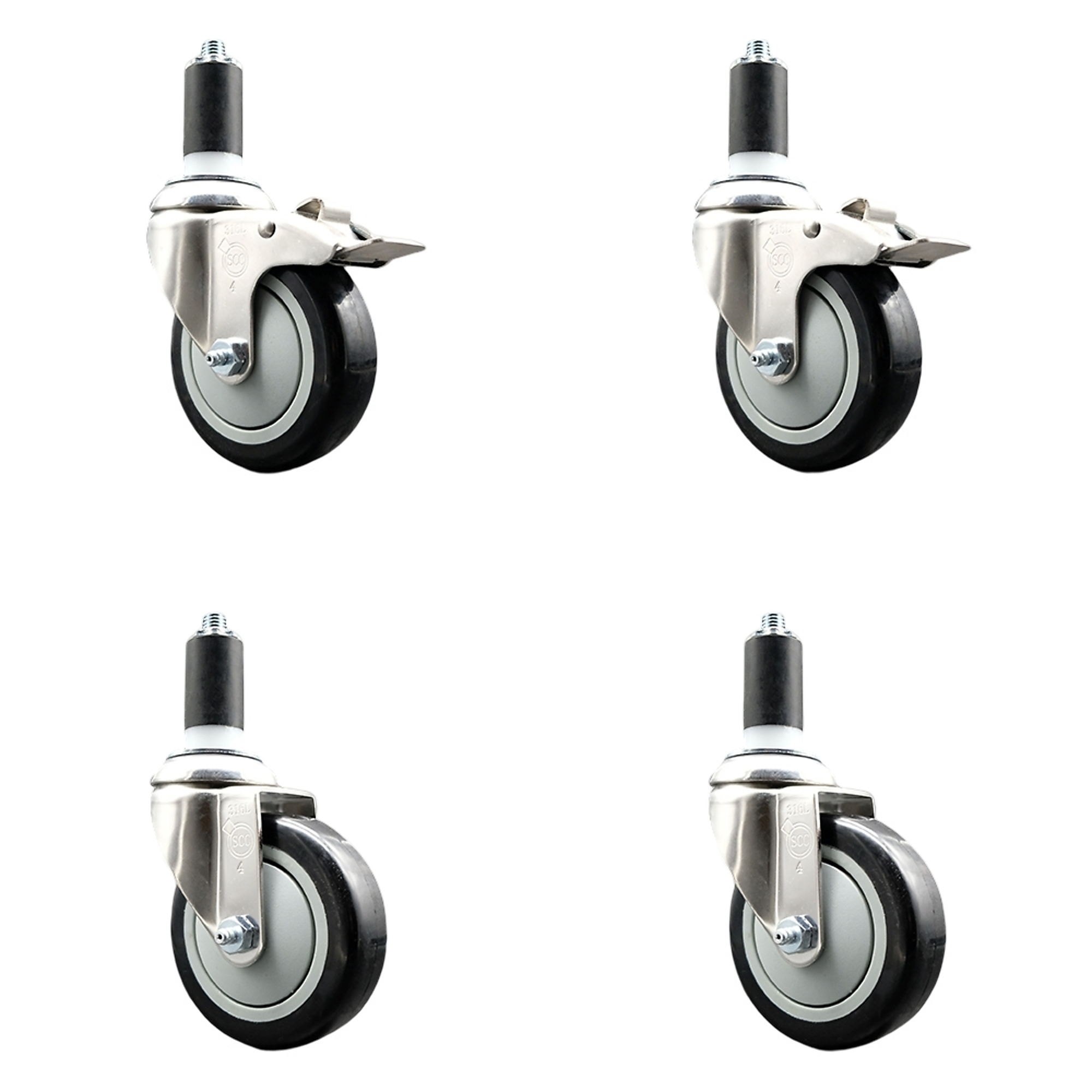 Service Caster, 4Inch x 1 1/4Inch Stem Casters, Wheel Diameter 4 in, Caster Type Swivel, Package (qty.) 4, Model SS316TTLEX20S414-PPUB-BLK-2-S-2-114