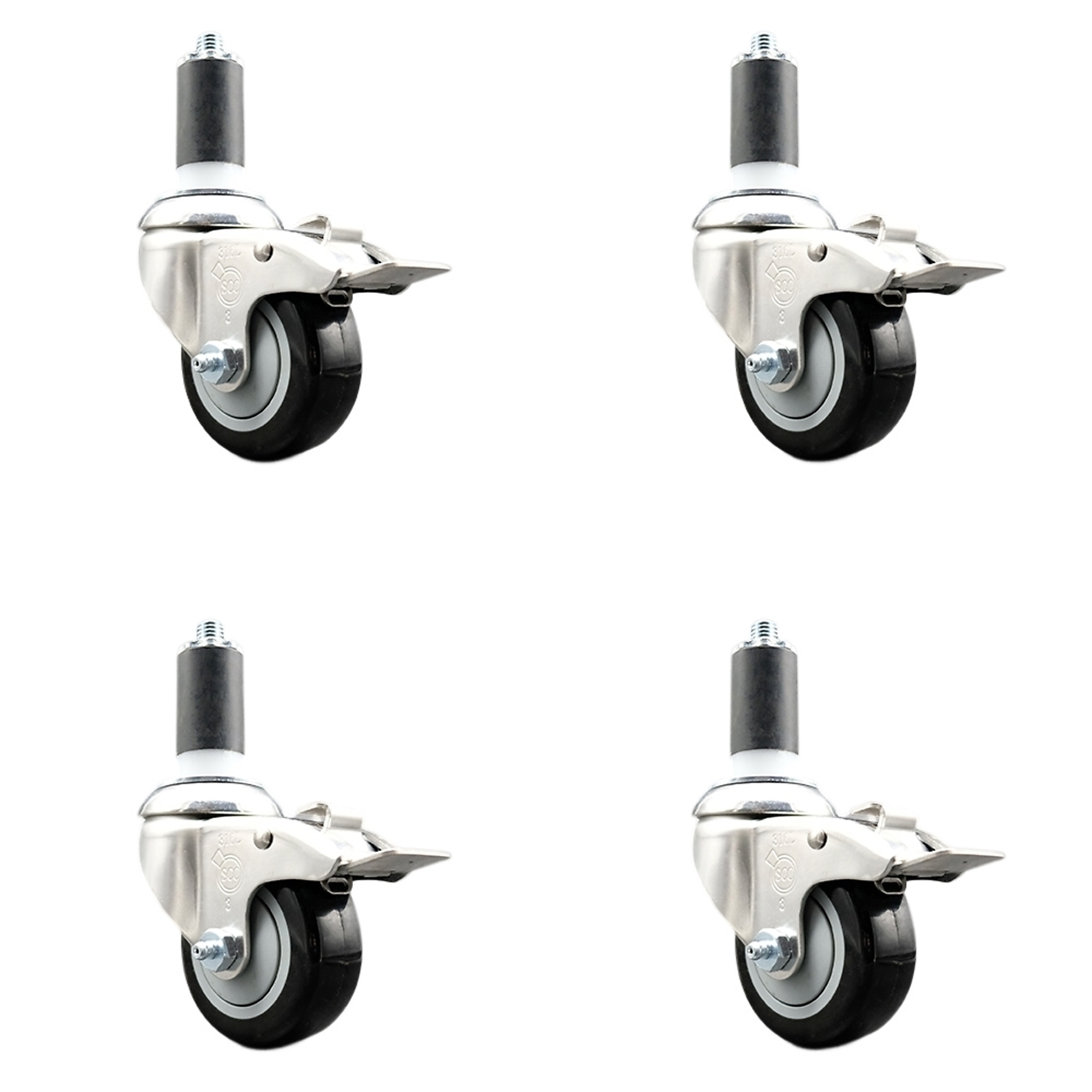 Service Caster, 3Inch x 1 1/4Inch Stem Casters, Wheel Diameter 3 in, Caster Type Swivel, Package (qty.) 4, Model SCC-SS316TTLEX20S314-PPUB-BLK-138-4