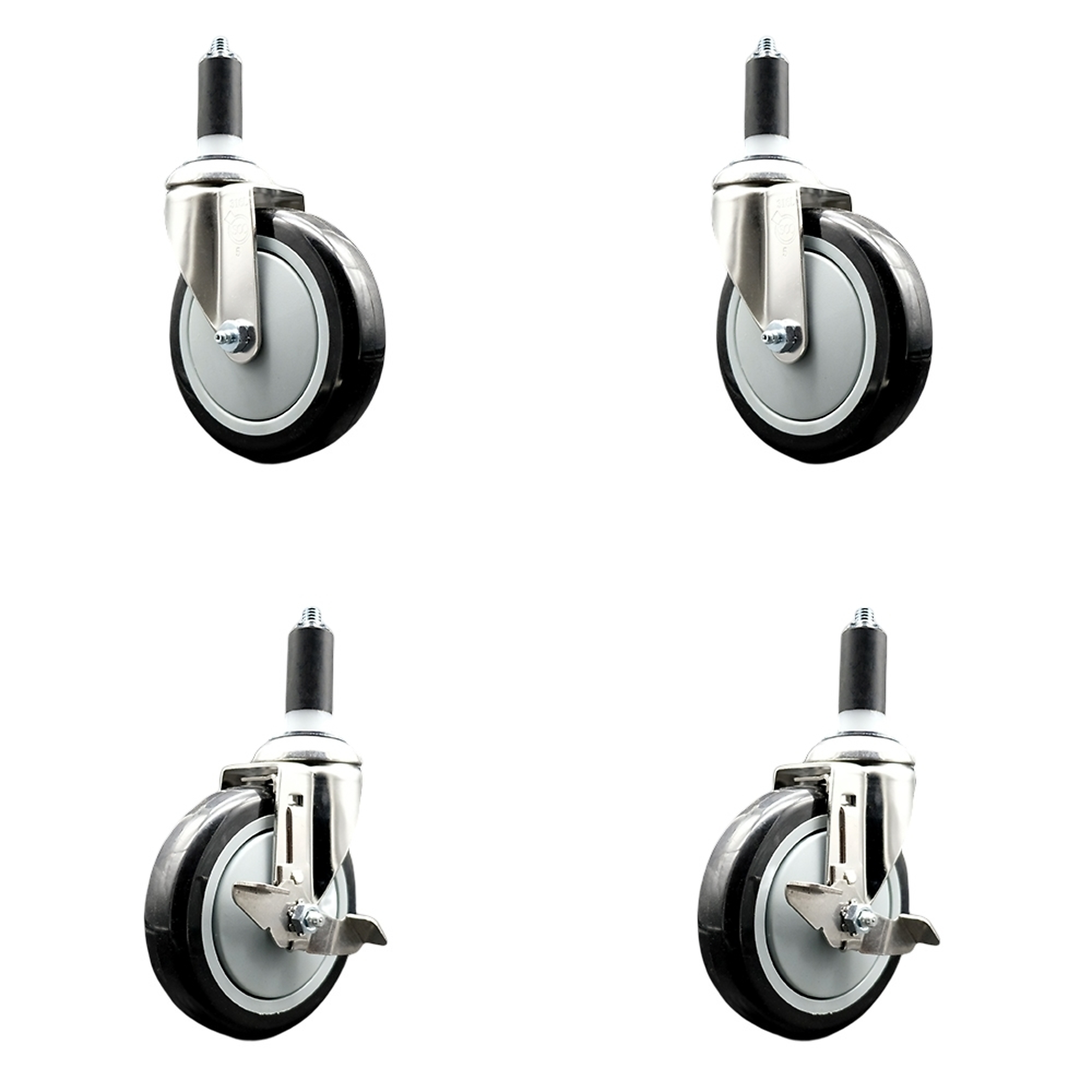 Service Caster, 5Inch x 1 1/4Inch Stem Casters, Wheel Diameter 5 in, Caster Type Swivel, Package (qty.) 4, Model SS316EX20S514-PPUB-BLK-2-TLB-2-114