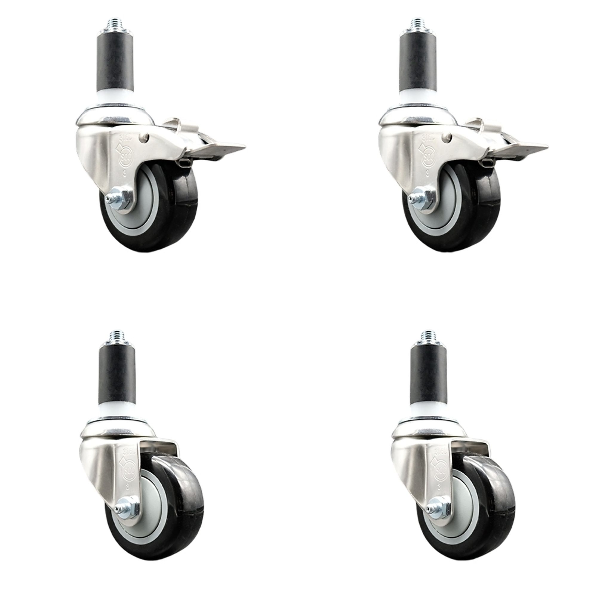 Service Caster, 3Inch x 1 1/4Inch Stem Casters, Wheel Diameter 3 in, Caster Type Swivel, Package (qty.) 4, Model SS316TTLEX20S314-PPUB-BLK-2-S-2-138