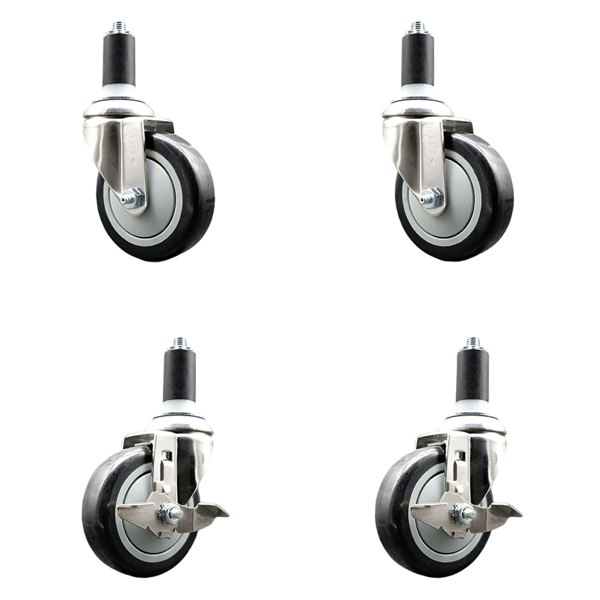 Service Caster, 4Inch x 1 1/4Inch Stem Casters, Wheel Diameter 4 in, Caster Type Swivel, Package (qty.) 4, Model SS316EX20S414-PPUB-BLK-2-TLB-2-138