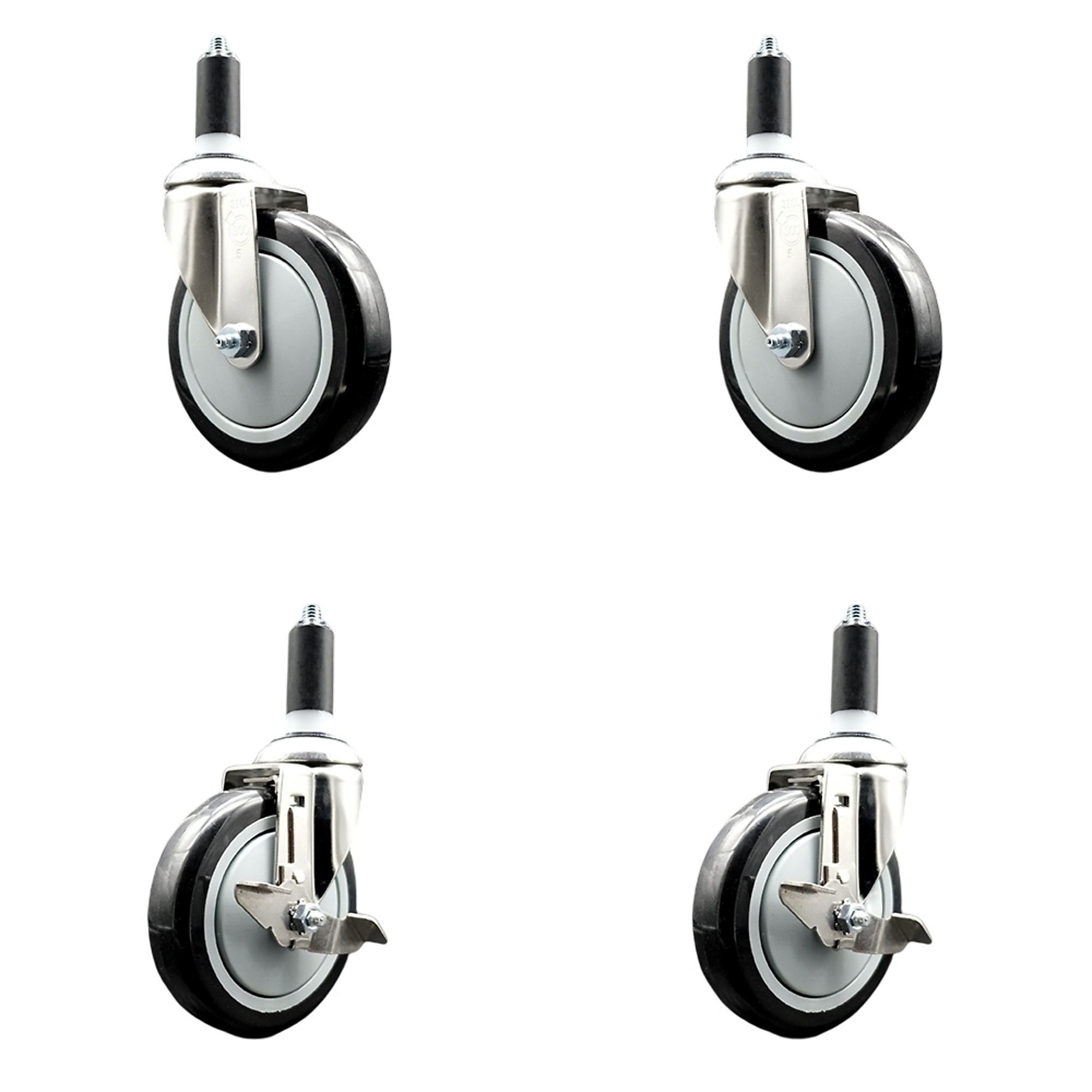 Service Caster, 5Inch x 1 1/4Inch Stem Casters, Wheel Diameter 5 in, Caster Type Swivel, Package (qty.) 4, Model SS316EX20S514-PPUB-BLK-2-TLB-2-138