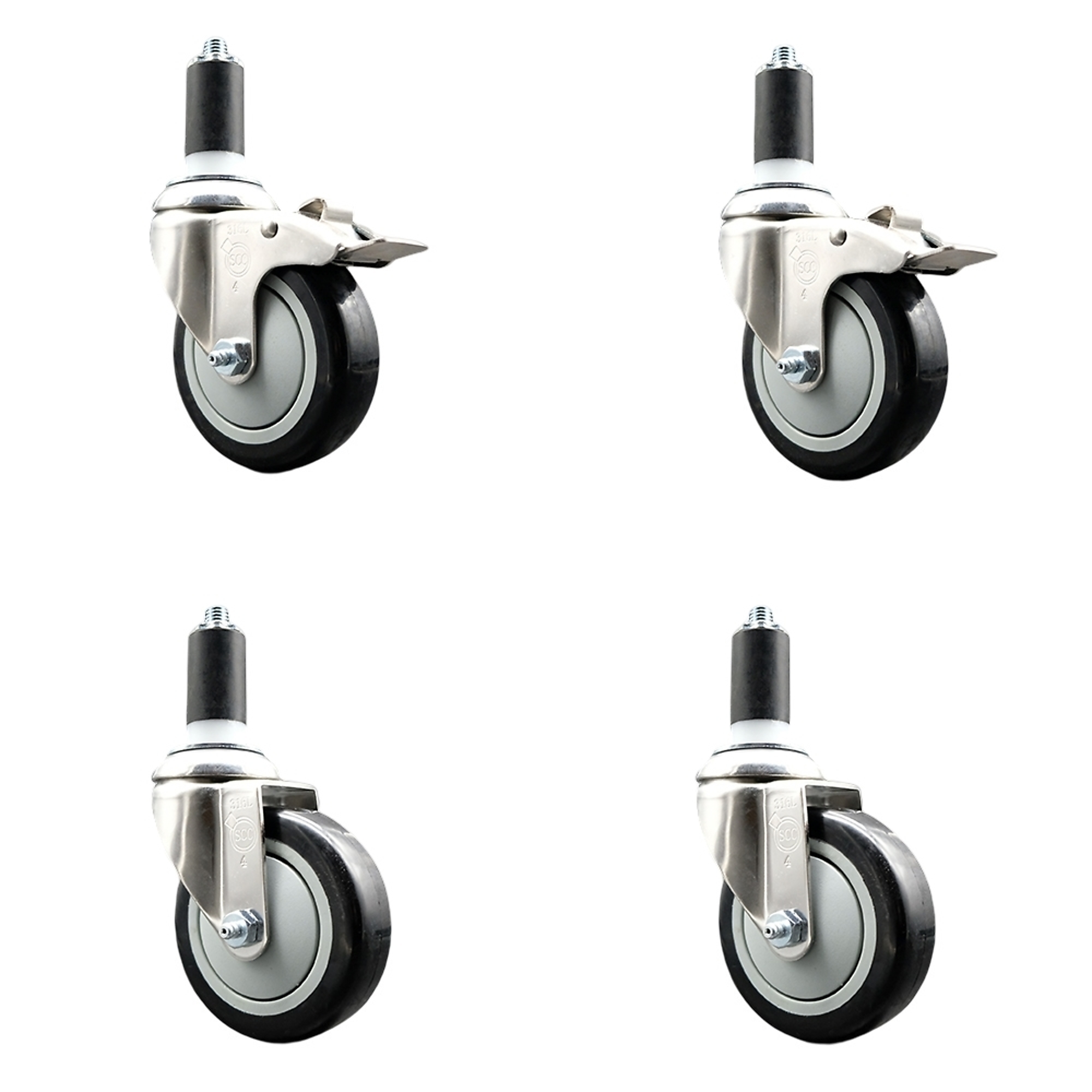 Service Caster, 4Inch x 1 1/4Inch Stem Casters, Wheel Diameter 4 in, Caster Type Swivel, Package (qty.) 4, Model SS316TTLEX20S414-PPUB-BLK-2-S-2-138