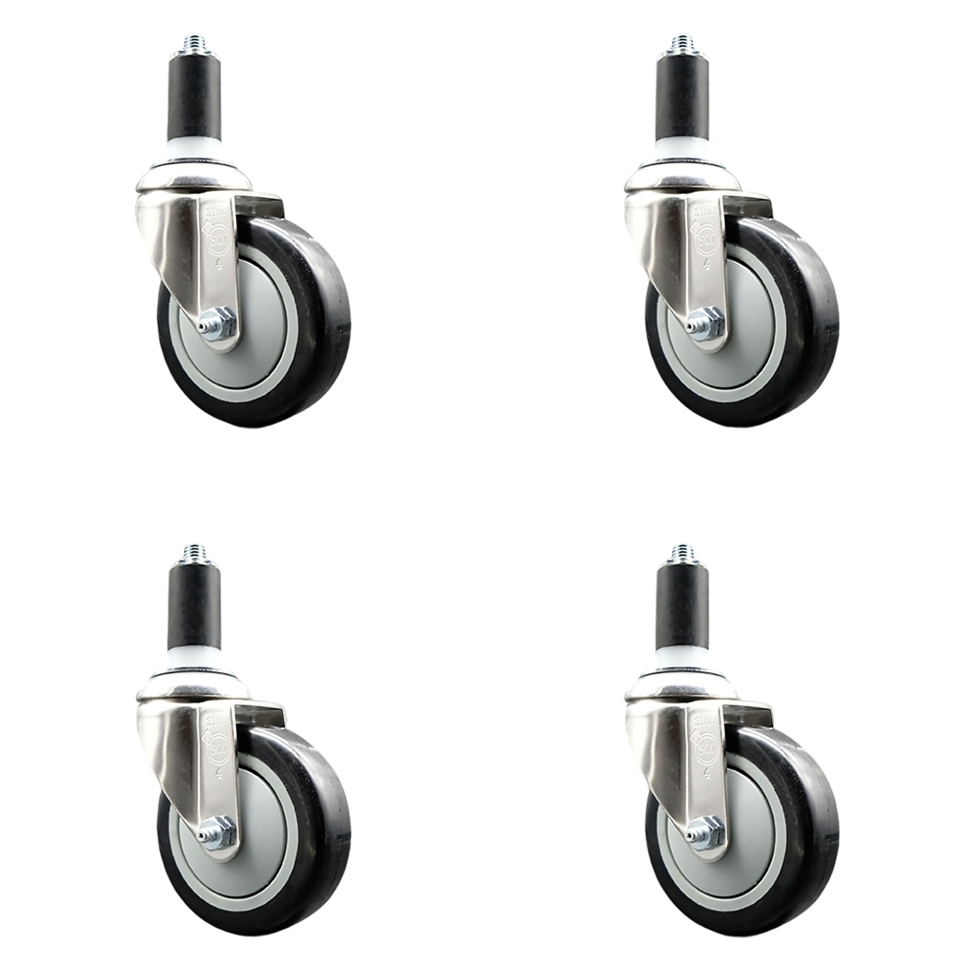 Service Caster, 4Inch x 1 1/4Inch Stem Casters, Wheel Diameter 4 in, Caster Type Swivel, Package (qty.) 4, Model SCC-SS316EX20S414-PPUB-BLK-138-4