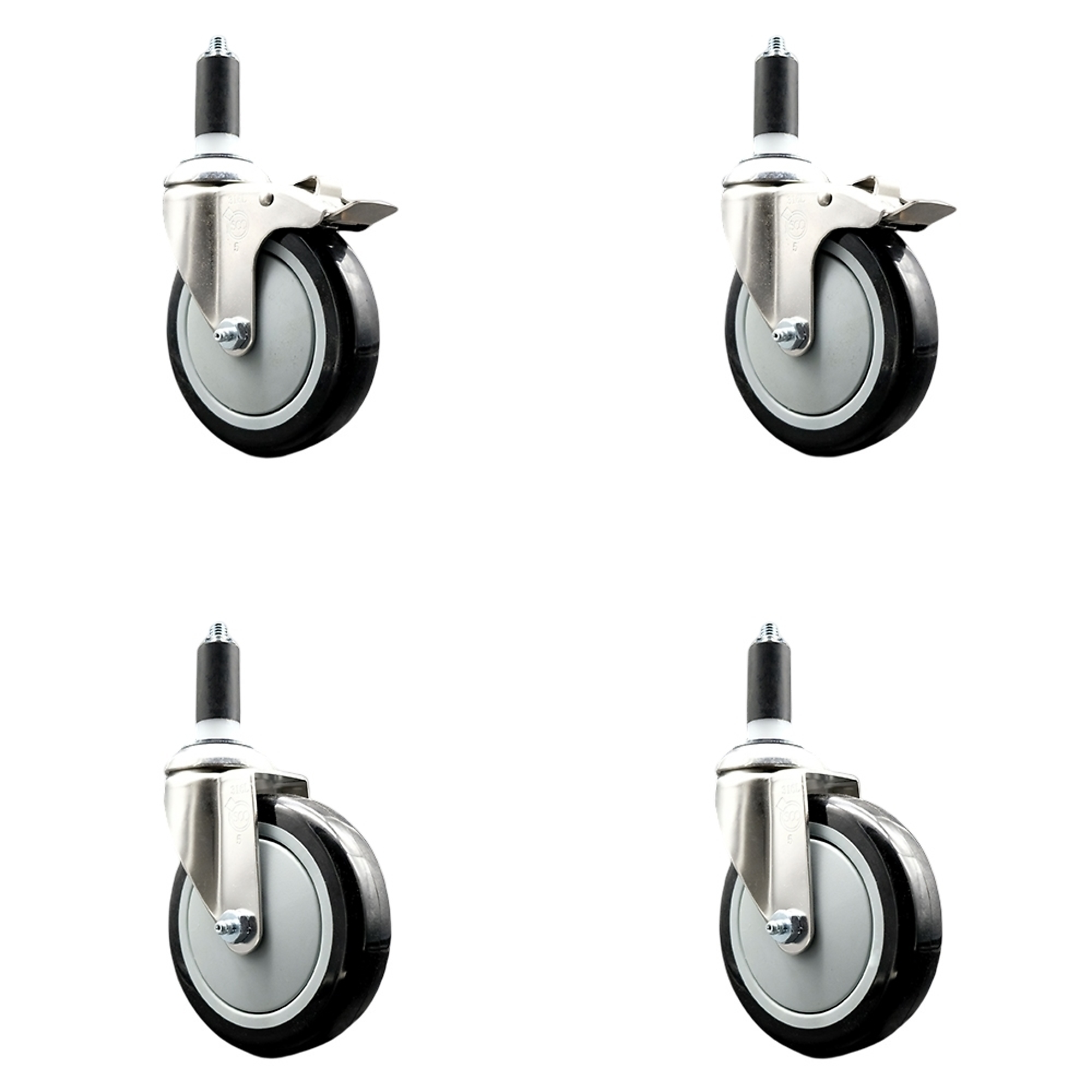 Service Caster, 5Inch x 1 1/4Inch Stem Casters, Wheel Diameter 5 in, Caster Type Swivel, Package (qty.) 4, Model SS316TTLEX20S514-PPUB-BLK-2-S-2-138