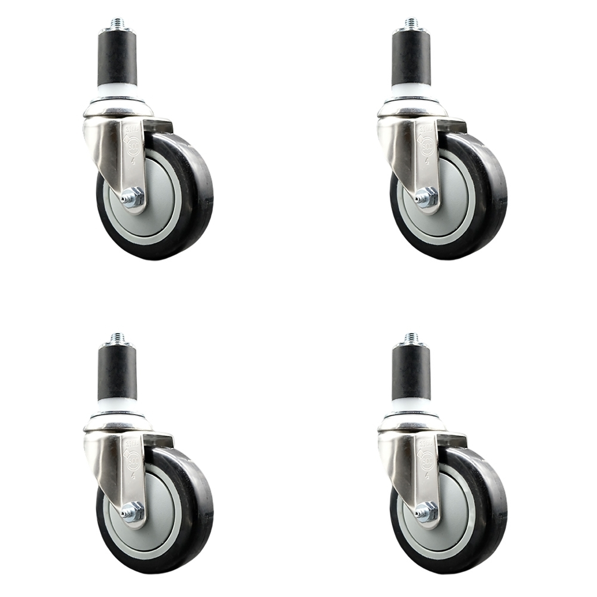 Service Caster, 4Inch x 1 1/4Inch Stem Casters, Wheel Diameter 4 in, Caster Type Swivel, Package (qty.) 4, Model SCC-SS316EX20S414-PPUB-BLK-112-4