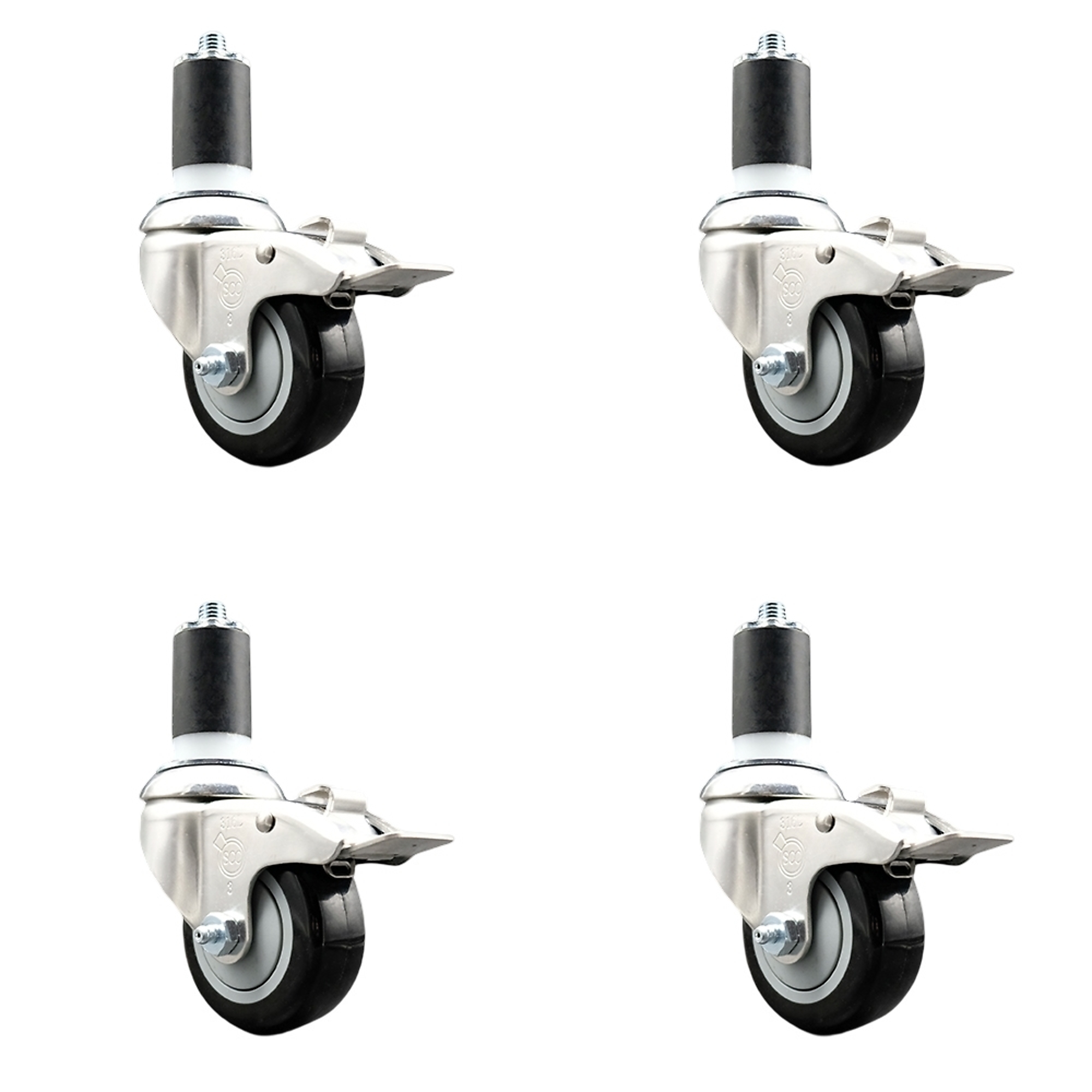 Service Caster, 3Inch x 1 1/4Inch Stem Casters, Wheel Diameter 3 in, Caster Type Swivel, Package (qty.) 4, Model SCC-SS316TTLEX20S314-PPUB-BLK-112-4