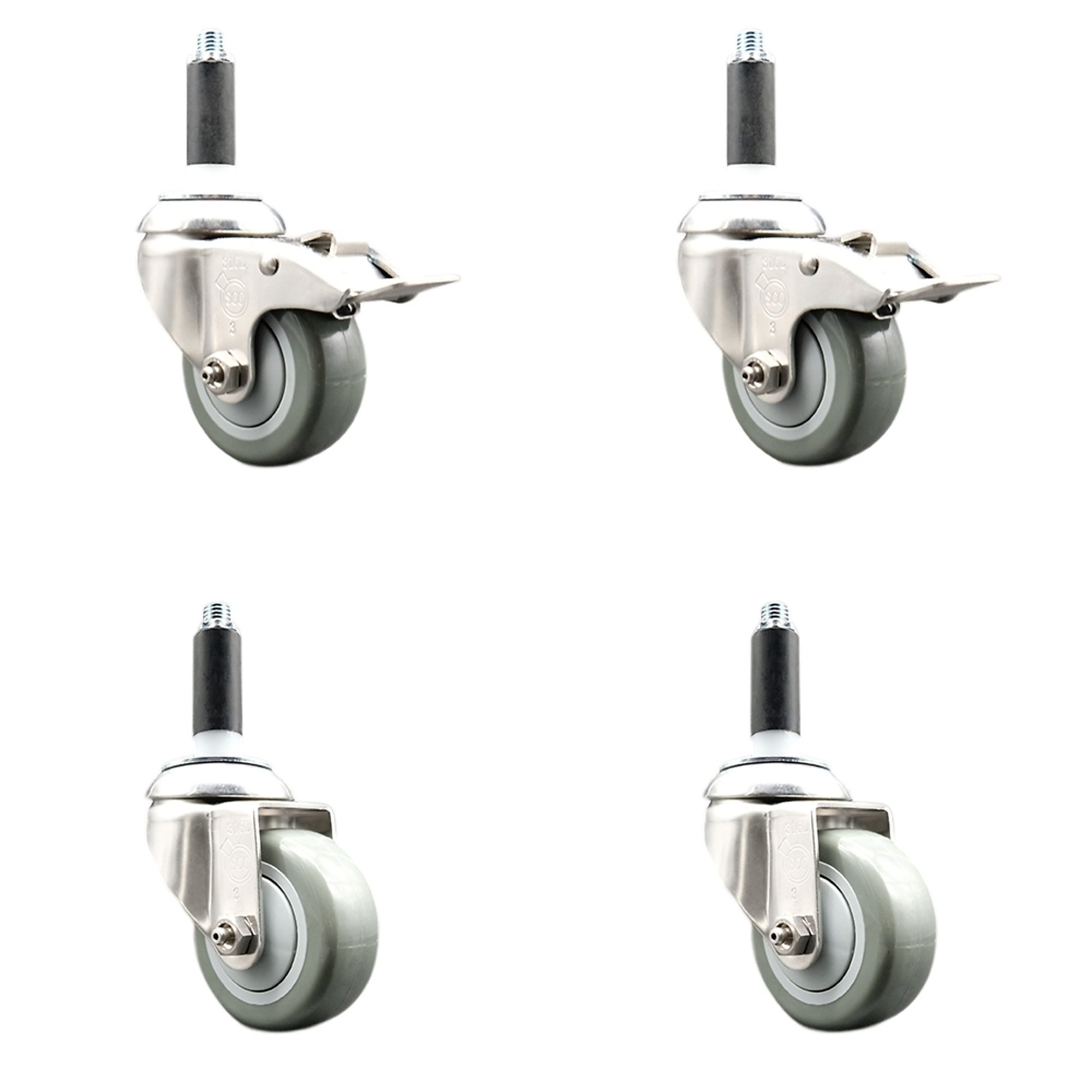 Service Caster, 3Inch x 1 1/4Inch Stem Casters, Wheel Diameter 3 in, Caster Type Swivel, Package (qty.) 4, Model SCC-SS316TTLEX20S314-PPUB-2-S-2-34